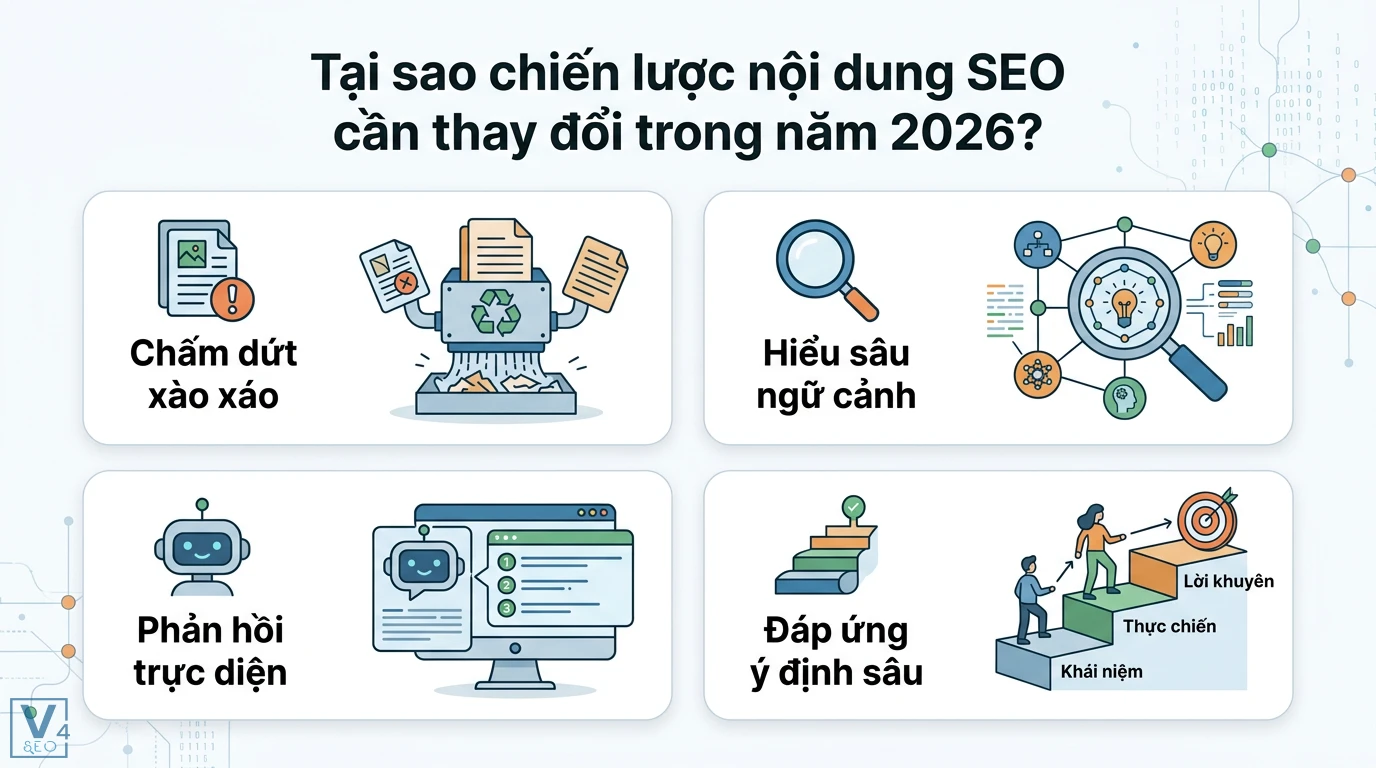 Viết nội dung SEO an toàn với các bản cập nhật thuật toán Google 1 Chiến lược nội dung SEO 2026 nhấn mạnh chấm dứt xào xáo, hiểu sâu ngữ cảnh, phản hồi trực diện AI và đáp ứng đa tầng ý định người dùng thực chiến