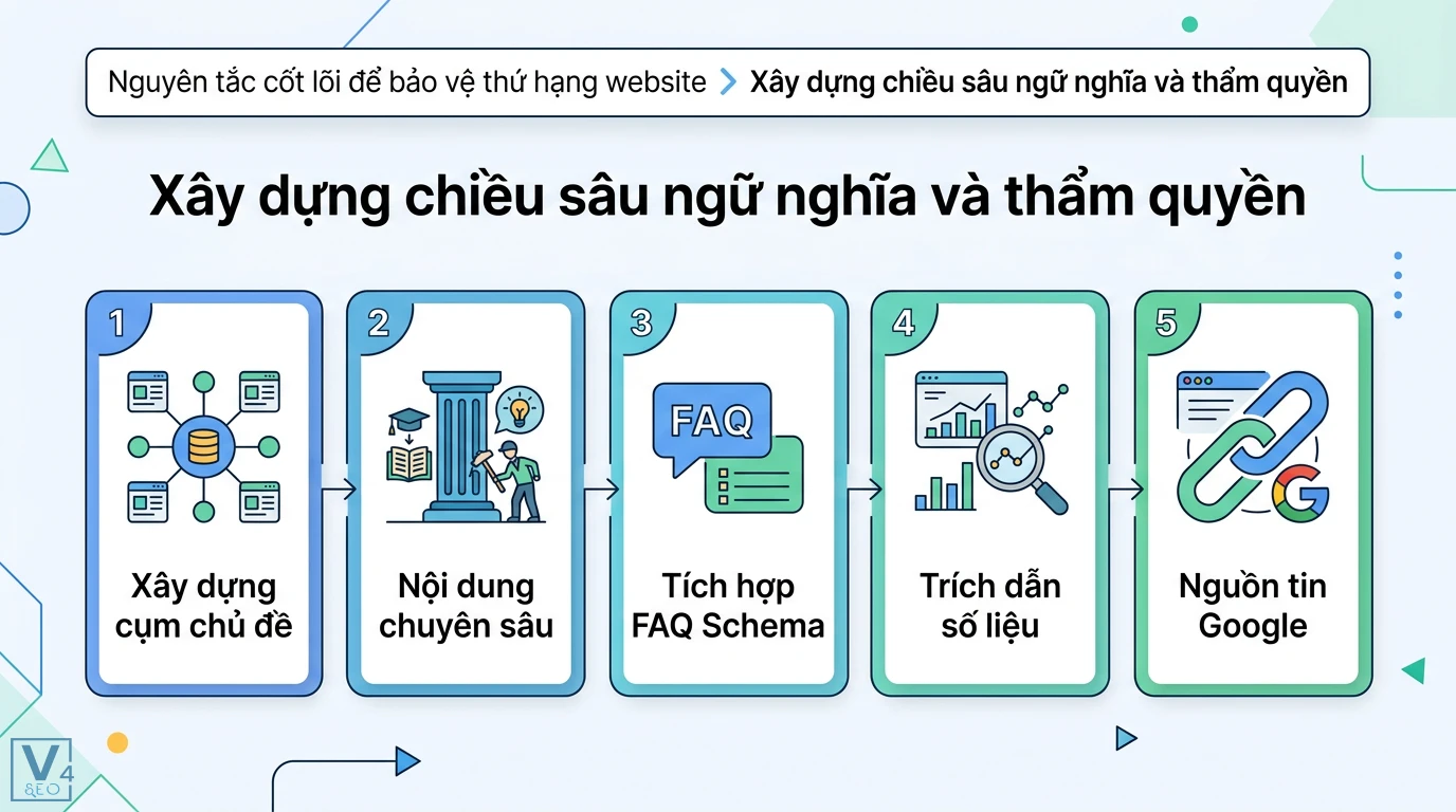 Viết nội dung SEO an toàn với các bản cập nhật thuật toán Google 2 Xây dựng chiều sâu ngữ nghĩa và thẩm quyền bằng cụm chủ đề, nội dung chuyên sâu, FAQ Schema, trích dẫn số liệu và nguồn tin Google