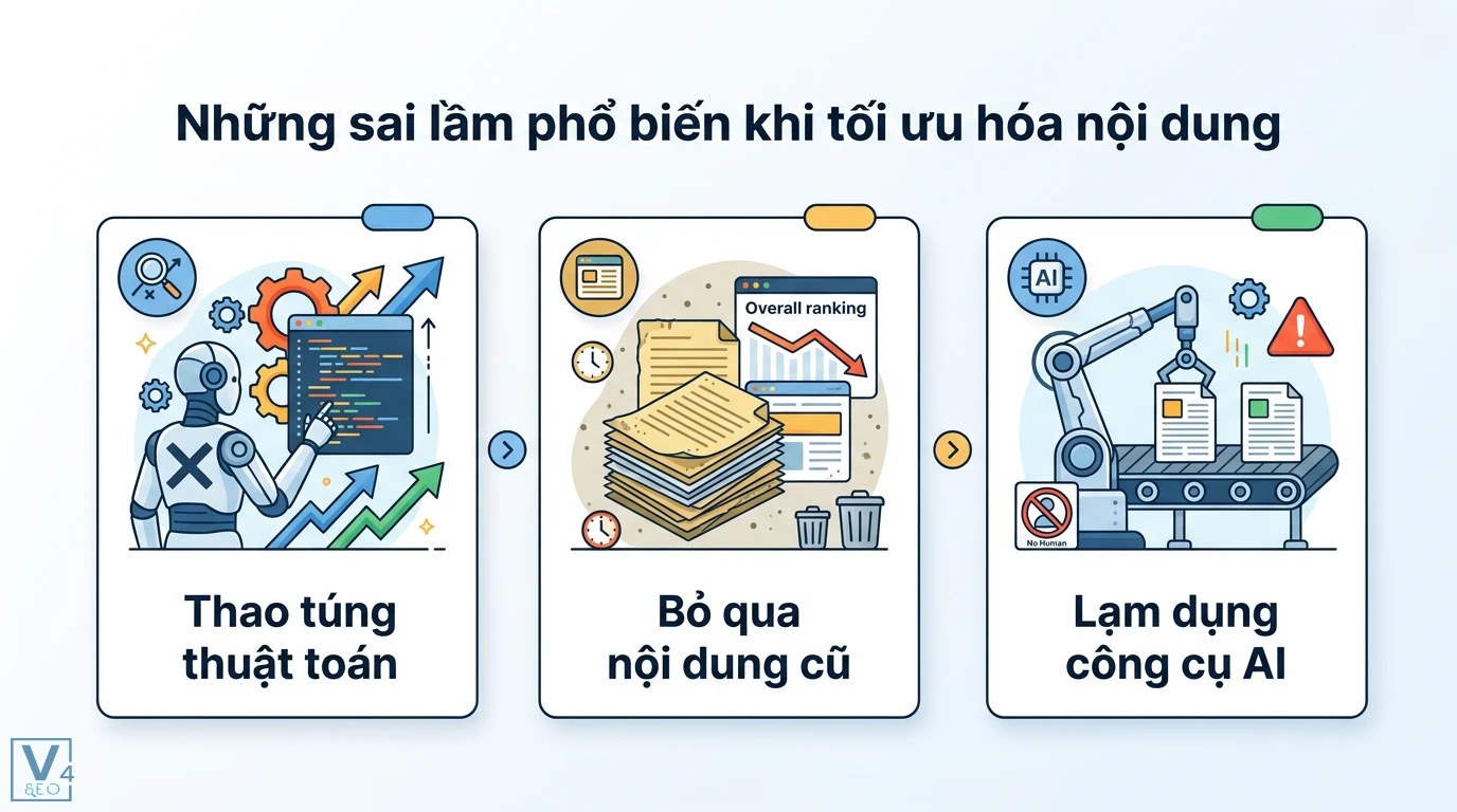 Viết nội dung SEO an toàn với các bản cập nhật thuật toán Google 3 Sai lầm tối ưu hóa nội dung gồm thao túng thuật toán, bỏ qua nội dung cũ gây giảm thứ hạng và lạm dụng AI thiếu yếu tố trải nghiệm thực tế