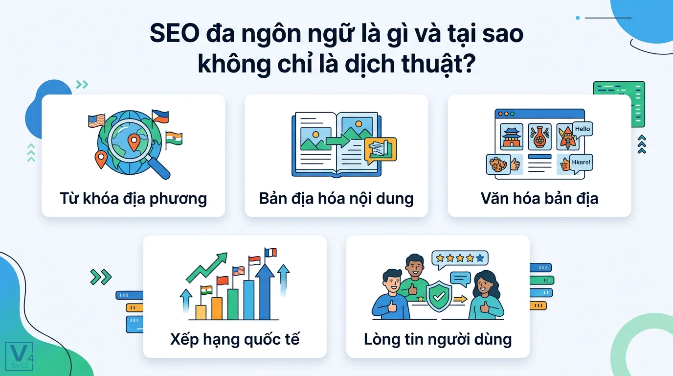 Viết nội dung SEO cho các trang đa ngôn ngữ chuẩn bản địa hóa AI 1 SEO đa ngôn ngữ kết hợp từ khóa địa phương, bản địa hóa nội dung và văn hóa bản địa giúp tăng xếp hạng quốc tế cùng lòng tin từ người dùng