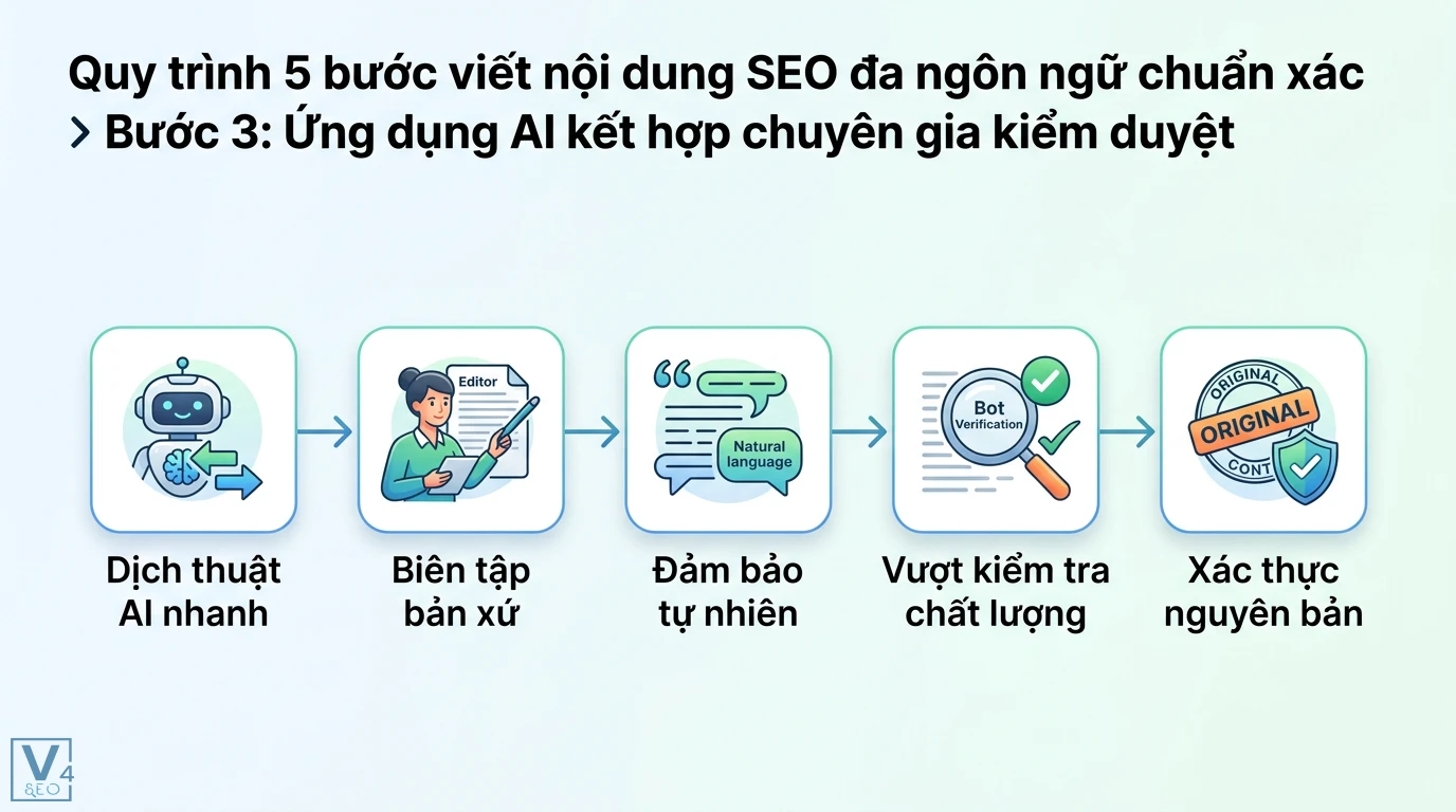 Viết nội dung SEO cho các trang đa ngôn ngữ chuẩn bản địa hóa AI 2 Ứng dụng AI dịch thuật kết hợp biên tập viên bản xứ giúp nội dung tự nhiên vượt qua Bot Verification và đảm bảo tính nguyên bản cho bài viết SEO