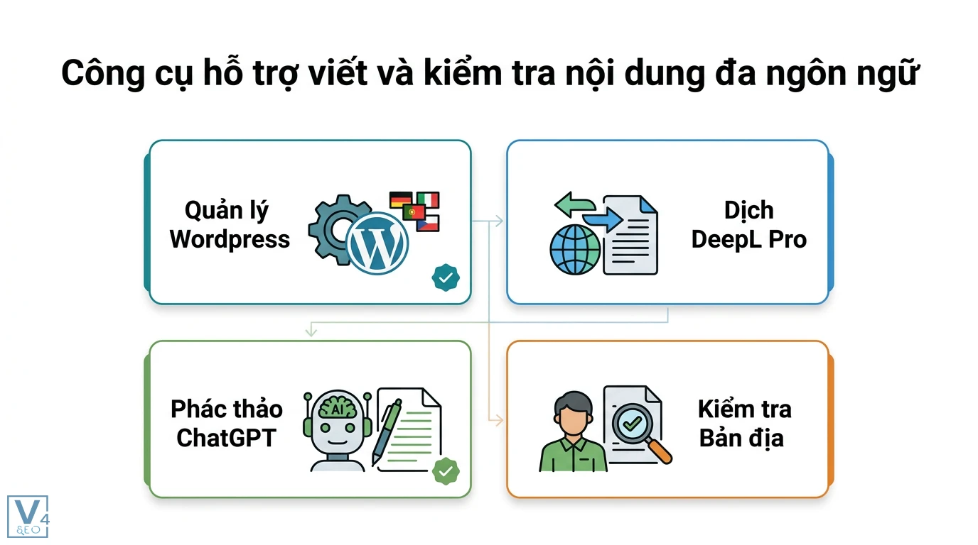 Viết nội dung SEO cho các trang đa ngôn ngữ chuẩn bản địa hóa AI 3 Công cụ quản lý WordPress, dịch thuật DeepL Pro, phác thảo ChatGPT và kiểm tra bản địa hỗ trợ sản xuất nội dung đa ngôn ngữ chuyên nghiệp