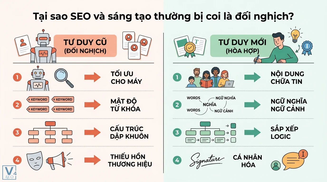 Viết nội dung SEO mà không làm mất đi tính sáng tạo: Storytelling 1 So sánh tư duy SEO cũ đối nghịch và tư duy mới hòa hợp giúp tối ưu ngữ nghĩa, sắp xếp logic và cá nhân hóa nội dung để giải phóng sáng tạo