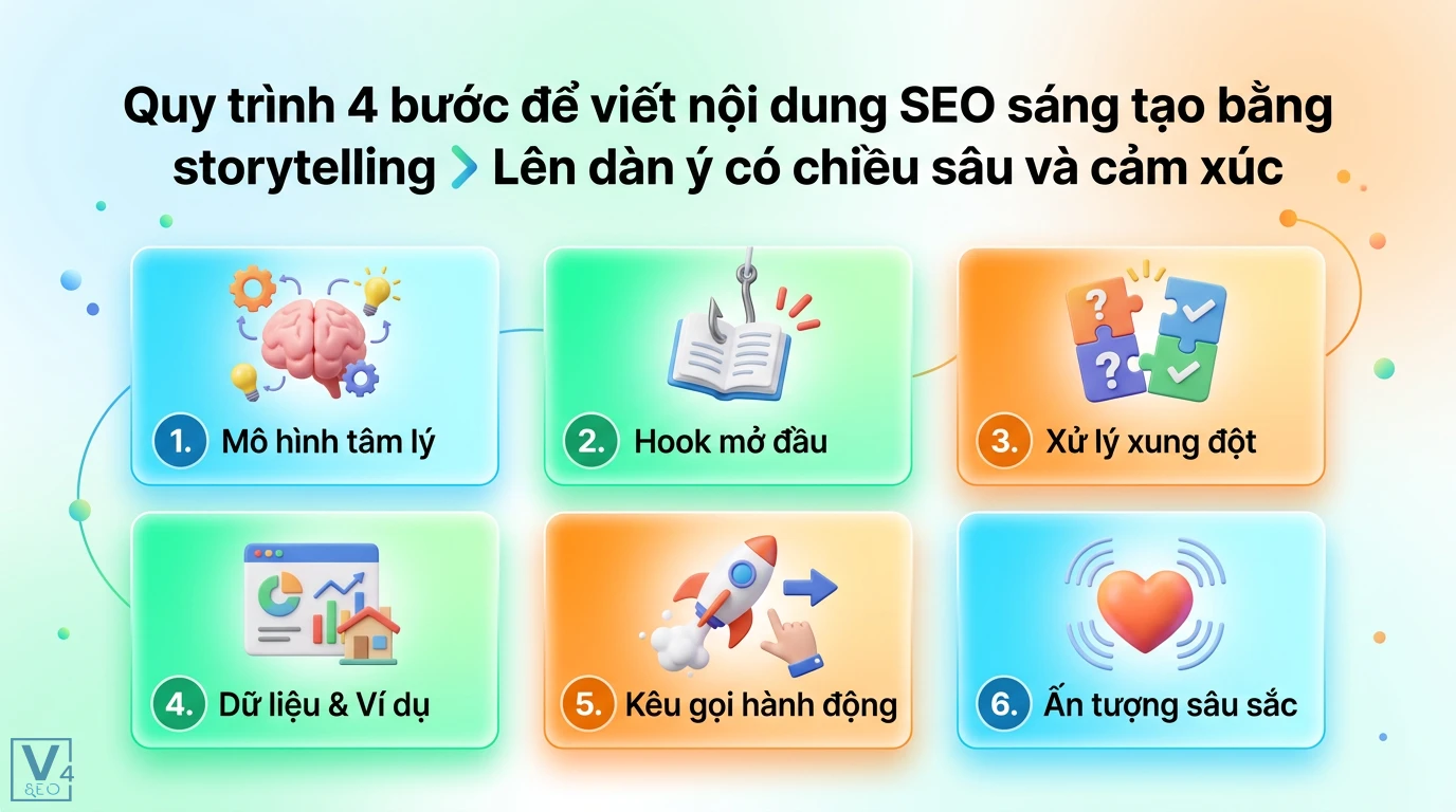 Viết nội dung SEO mà không làm mất đi tính sáng tạo: Storytelling 2 Quy trình SEO storytelling gồm mô hình tâm lý, hook mở đầu, xử lý xung đột, dữ liệu ví dụ, kêu gọi hành động và tạo ấn tượng sâu sắc