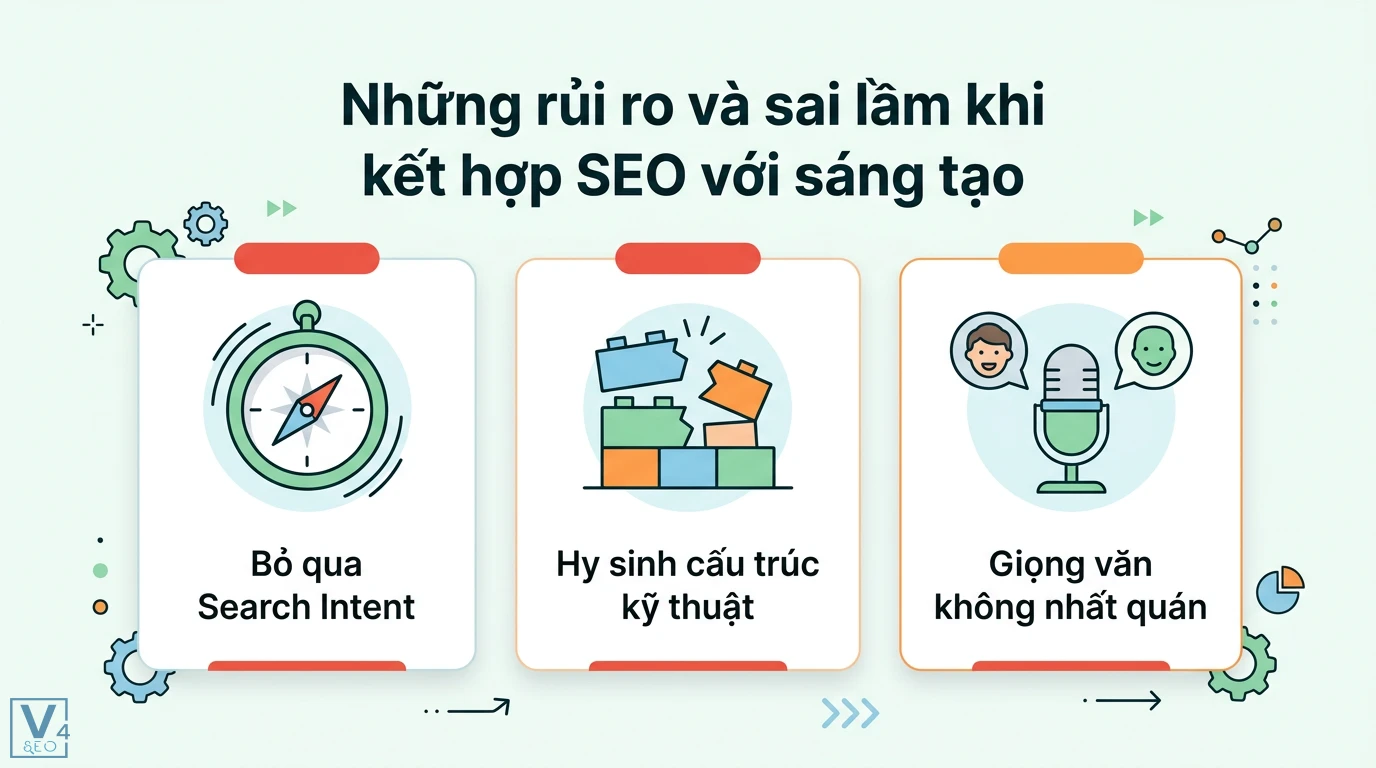 Viết nội dung SEO mà không làm mất đi tính sáng tạo: Storytelling 3 Rủi ro khi kết hợp SEO với sáng tạo như bỏ qua Search Intent, hy sinh cấu trúc kỹ thuật và giọng văn thương hiệu không nhất quán