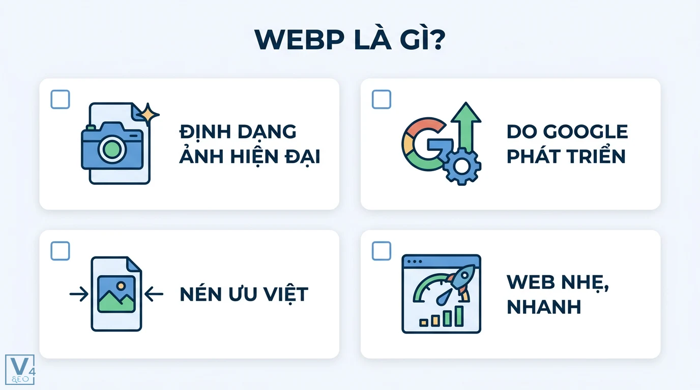 WebP là gì? Hướng dẫn tối ưu Core Web Vitals và cách dùng chuẩn 1 WebP là định dạng ảnh hiện đại do Google phát triển tích hợp khả năng nén ưu việt giúp tối ưu website nhẹ hơn và tăng tốc độ tải trang web