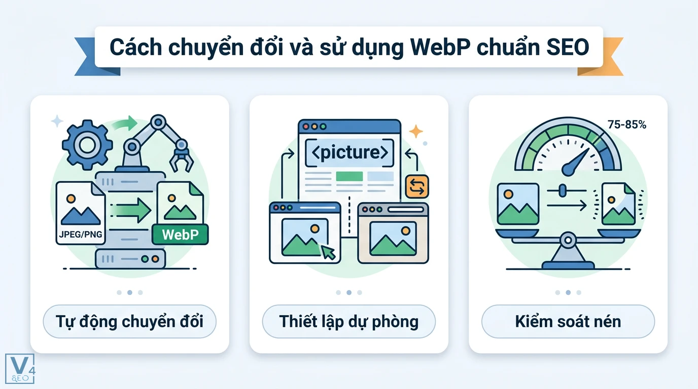 WebP là gì? Hướng dẫn tối ưu Core Web Vitals và cách dùng chuẩn 2 Cách chuyển đổi WebP chuẩn SEO bằng việc tự động hóa, sử dụng thẻ picture dự phòng và kiểm soát mức độ nén tối ưu từ 75 đến 85 phần trăm