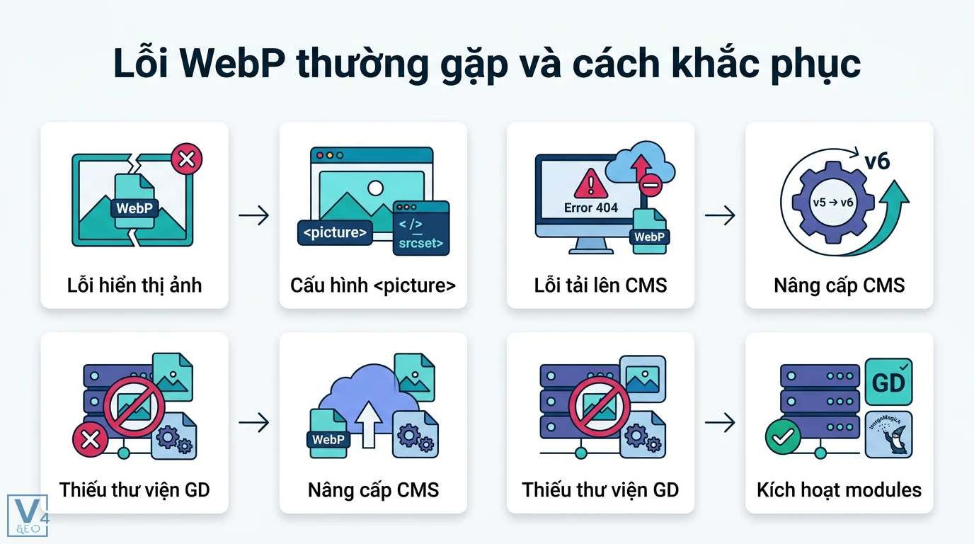 WebP là gì? Hướng dẫn tối ưu Core Web Vitals và cách dùng chuẩn 3 Khắc phục lỗi WebP không hiển thị bằng thẻ picture srcset và xử lý lỗi tải lên CMS thông qua nâng cấp hệ thống hoặc kích hoạt module GD