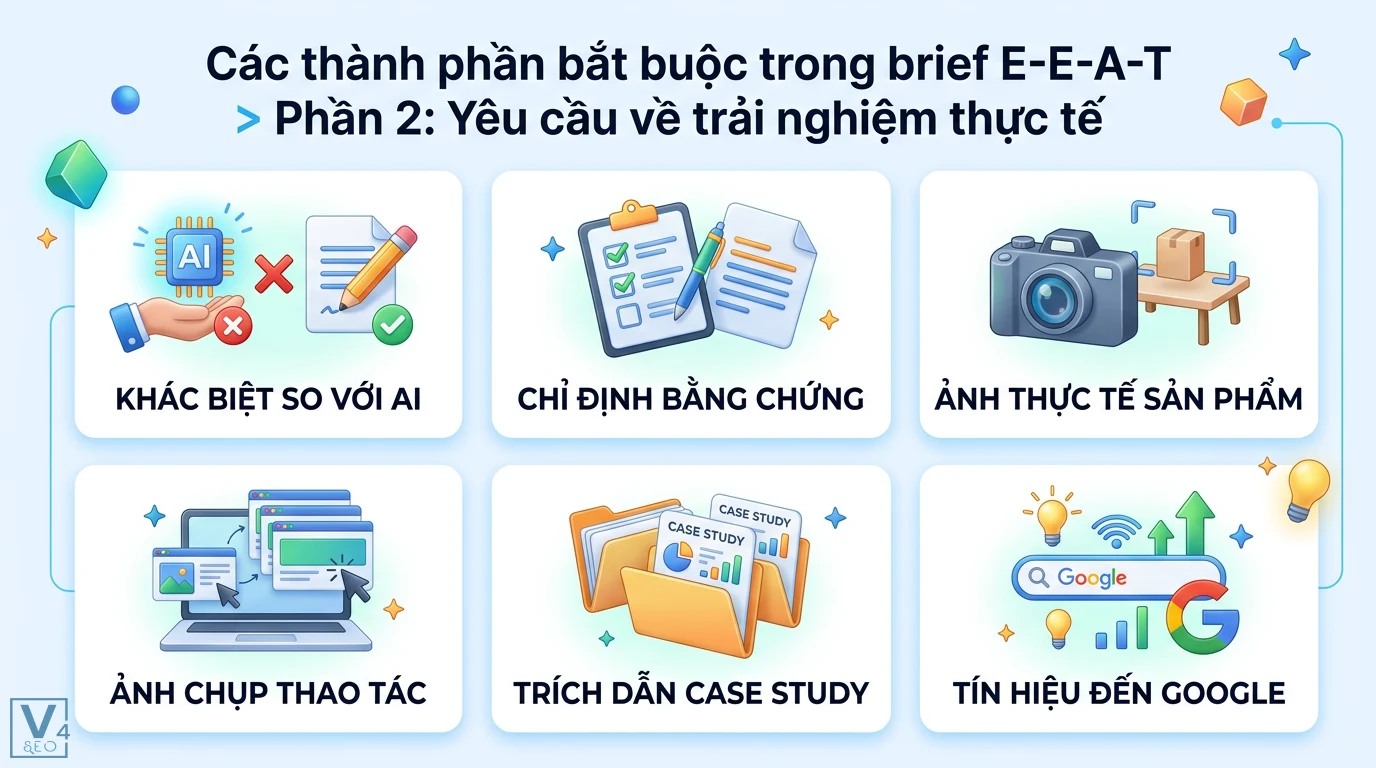 Tải Template Brief bài viết bảo đảm E-E-A-T chuẩn Google mới nhất 2 Yêu cầu trải nghiệm thực tế brief E-E-A-T gồm ảnh sản phẩm, ảnh chụp thao tác, case study tạo khác biệt với AI và tín hiệu đến Google