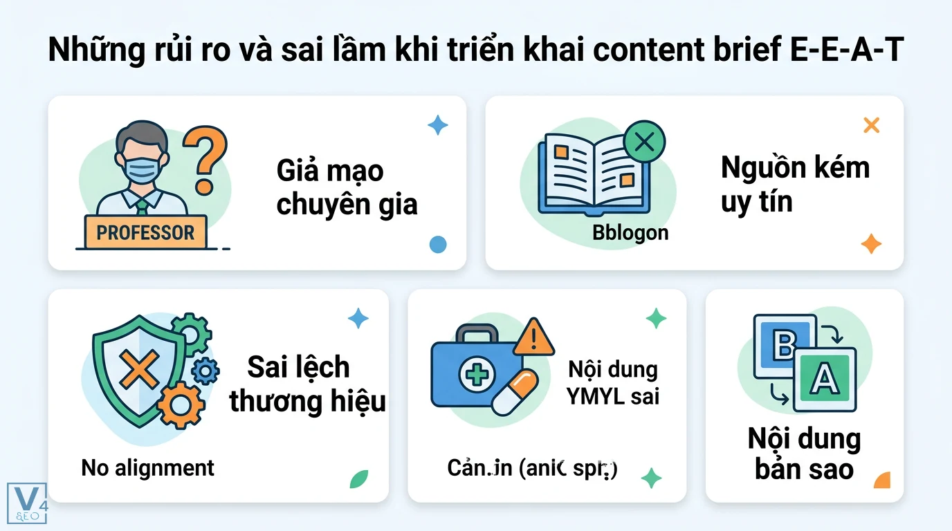 Tải Template Brief bài viết bảo đảm E-E-A-T chuẩn Google mới nhất 3 Sai lầm khi triển khai content brief E-E-A-T như giả mạo chuyên gia, nguồn kém uy tín, sai lệch thương hiệu, nội dung YMYL sai và bản sao