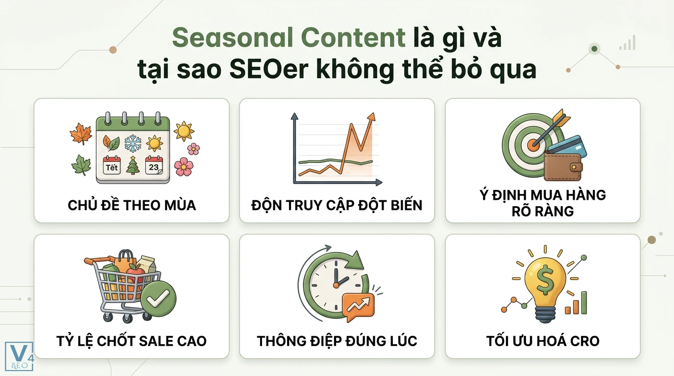 Xây dựng chiến lược Seasonal Content 2026: Tối ưu nội dung cũ 1 Seasonal Content tạo traffic đột biến, tăng tỷ lệ chốt sale và tối ưu CRO thông qua thông điệp đúng lúc dựa trên ý định mua hàng theo mùa