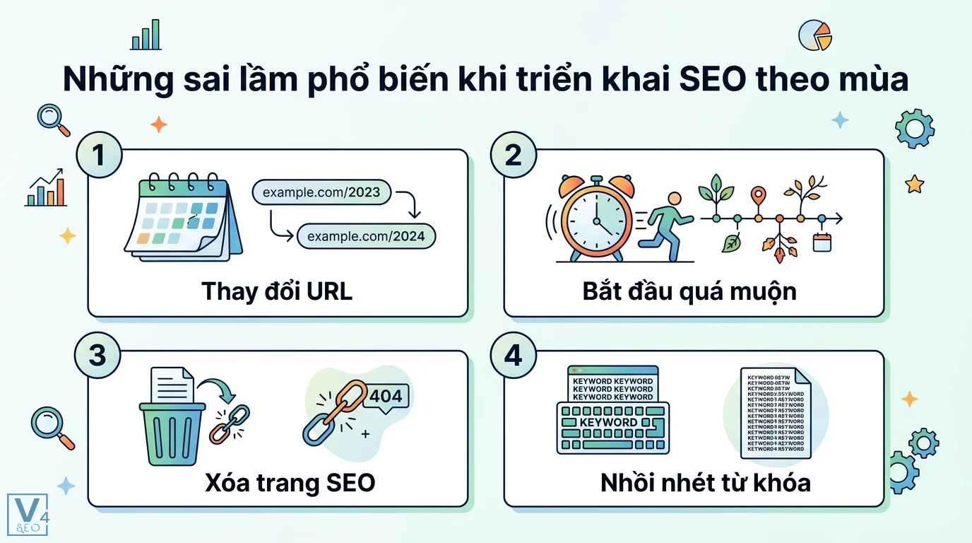 Xây dựng chiến lược Seasonal Content 2026: Tối ưu nội dung cũ 3 Các sai lầm SEO theo mùa như thay đổi URL hàng năm, triển khai quá muộn, xóa trang gây lỗi 404 và nhồi nhét từ khóa thiếu giá trị nội dung