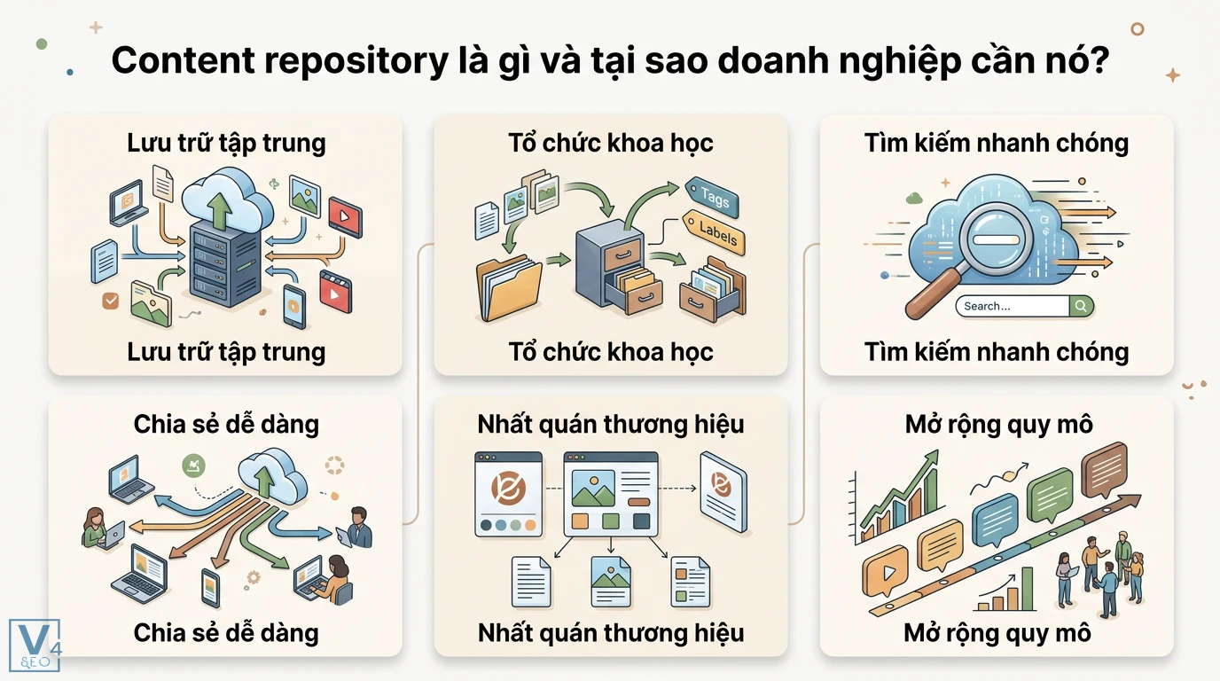 Cách xây dựng hệ thống thư viện nội dung (Content Repository) 3 Vòng đời nội dung content lifecycle gồm các bước lên ý tưởng, sản xuất, phê duyệt, xuất bản, lưu trữ và theo dõi tiến độ thư viện bài bản
