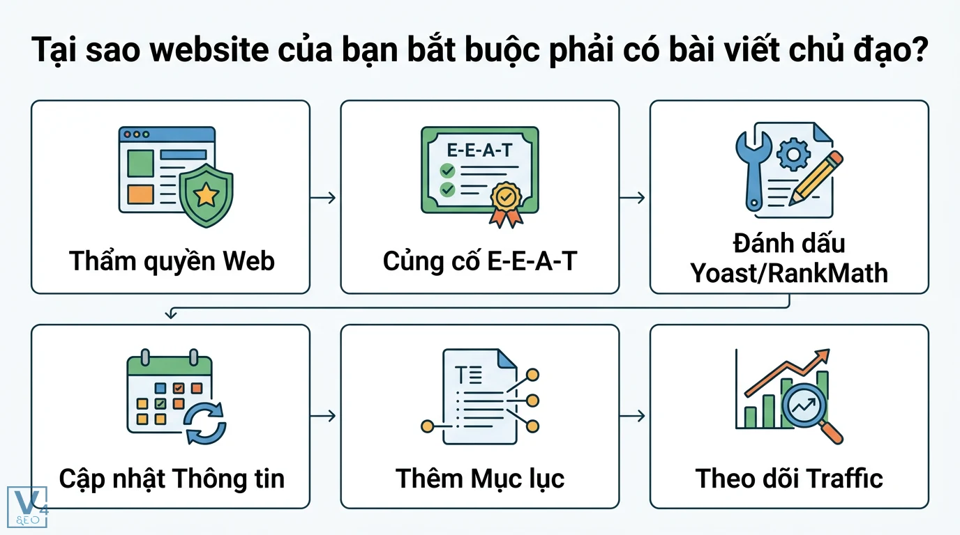 Xây dựng nội dung Cornerstone: Cách tạo bài viết chủ đạo với AI & UX 2026 1 Bài viết chủ đạo giúp tăng thẩm quyền Web, củng cố E-E-A-T, đánh dấu Yoast/RankMath, cập nhật thông tin, thêm mục lục và theo dõi traffic website