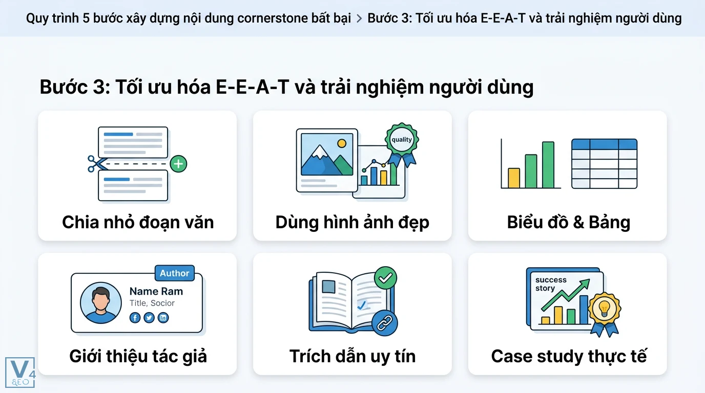Xây dựng nội dung Cornerstone: Cách tạo bài viết chủ đạo với AI & UX 2026 2 Tối ưu hóa E-E-A-T và trải nghiệm người dùng bằng cách chia nhỏ đoạn văn, giới thiệu tác giả, trích dẫn uy tín và case study thực tế