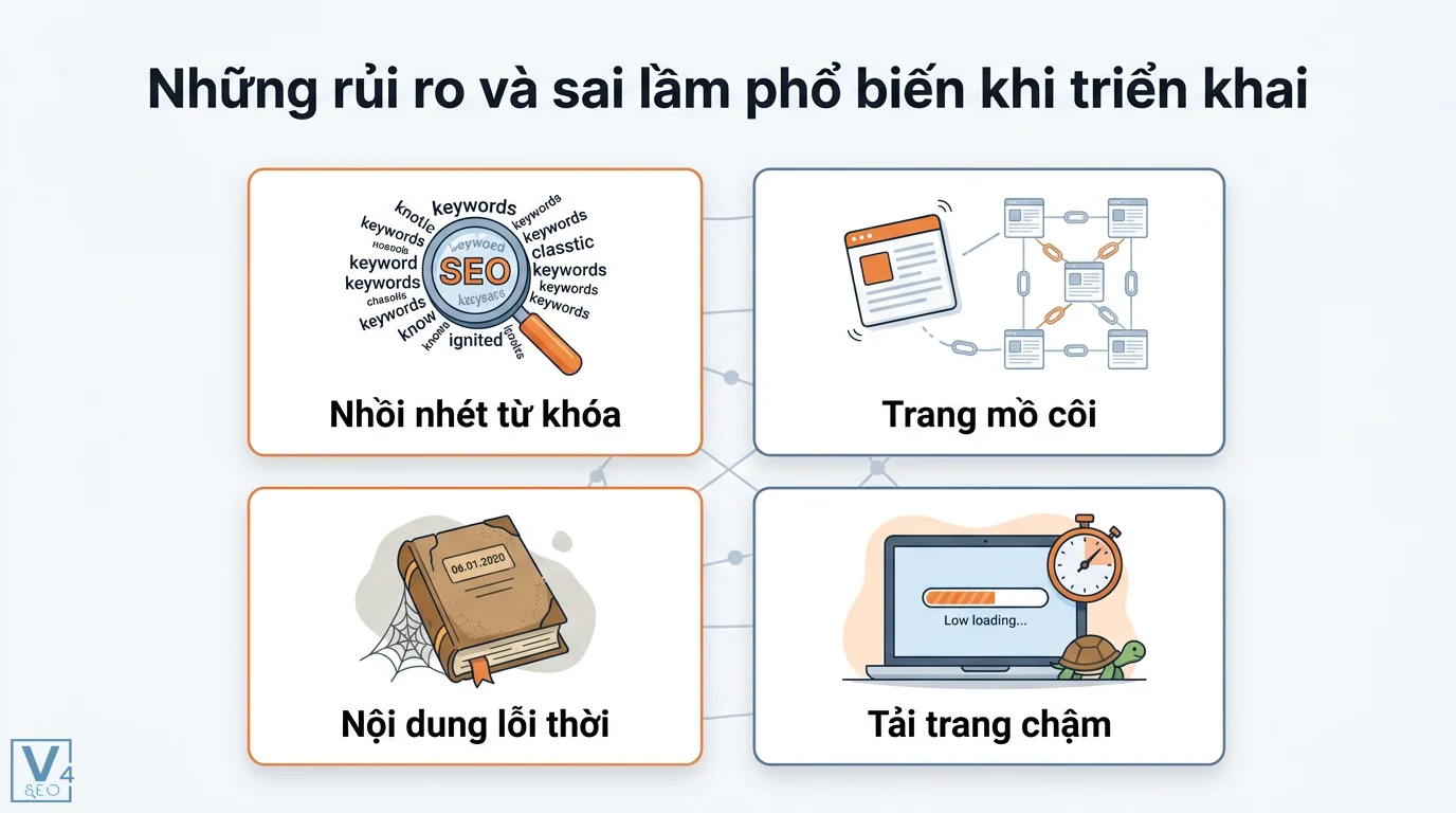 Xây dựng nội dung Cornerstone: Cách tạo bài viết chủ đạo với AI & UX 2026 3 Sai lầm SEO khi triển khai gồm nhồi nhét từ khóa, trang mồ côi thiếu liên kết, nội dung lỗi thời và tốc độ tải trang chậm ảnh hưởng thứ hạng