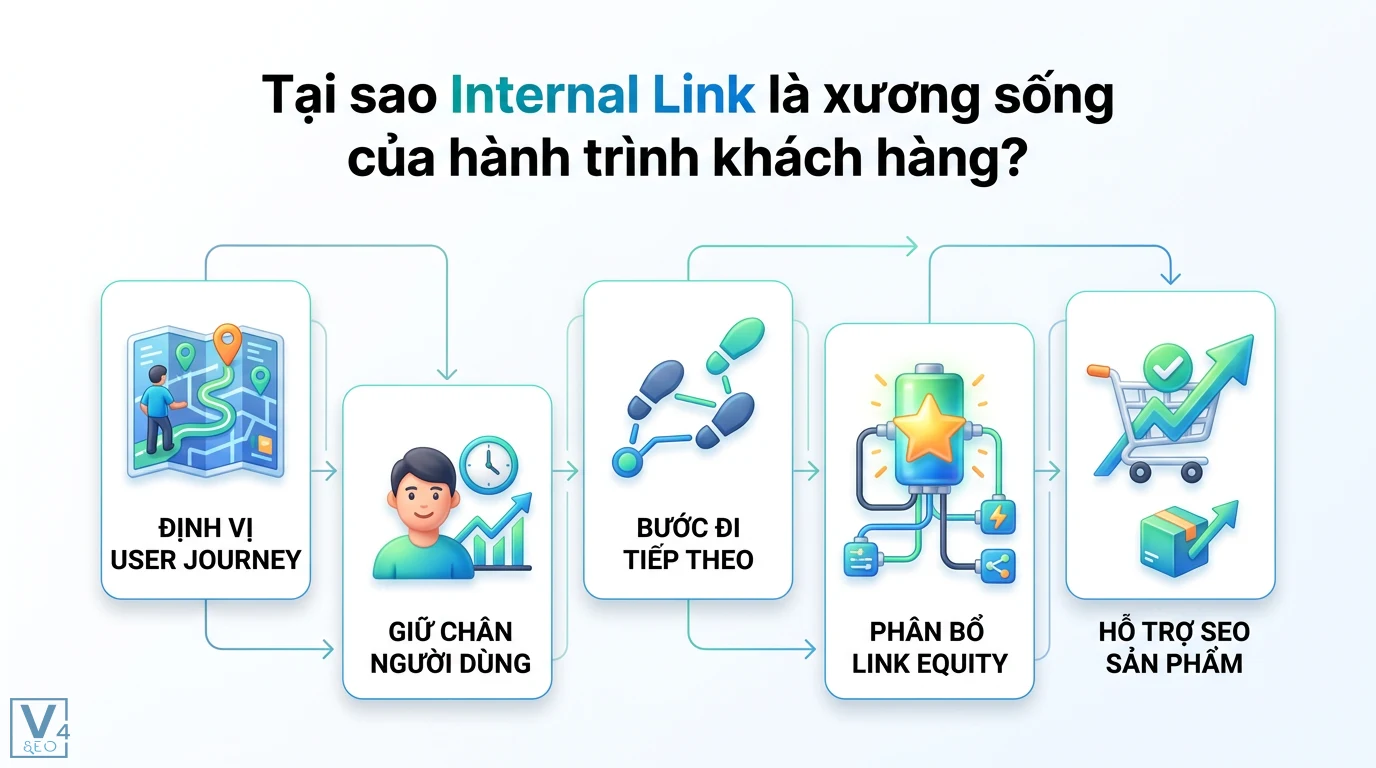 Cách xây Topic Route dẫn từ TOFU tới BOFU qua internal link 1 Internal Link định vị User Journey, giữ chân người dùng, tạo bước đi tiếp theo để phân bổ Link Equity và hỗ trợ SEO sản phẩm hiệu quả