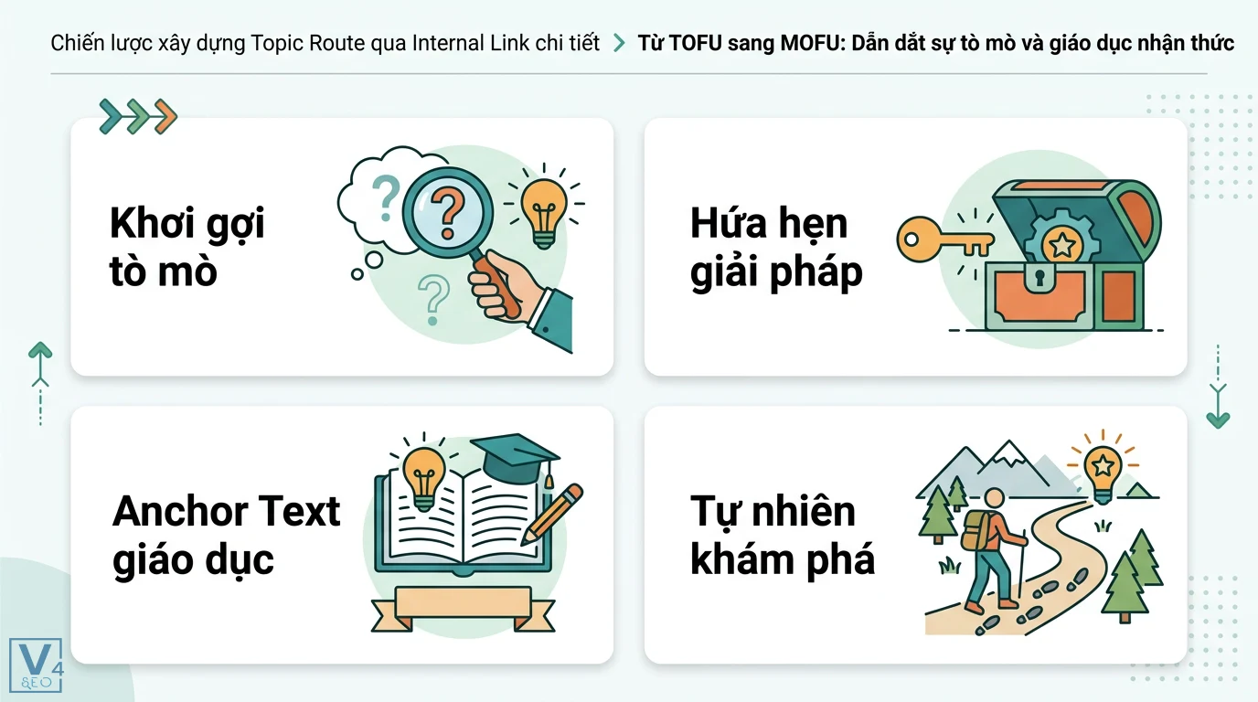 Cách xây Topic Route dẫn từ TOFU tới BOFU qua internal link 2 Topic Route từ TOFU sang MOFU qua Internal Link giúp khơi gợi tò mò, hứa hẹn giải pháp và dùng Anchor Text giáo dục để người dùng tự nhiên khám phá