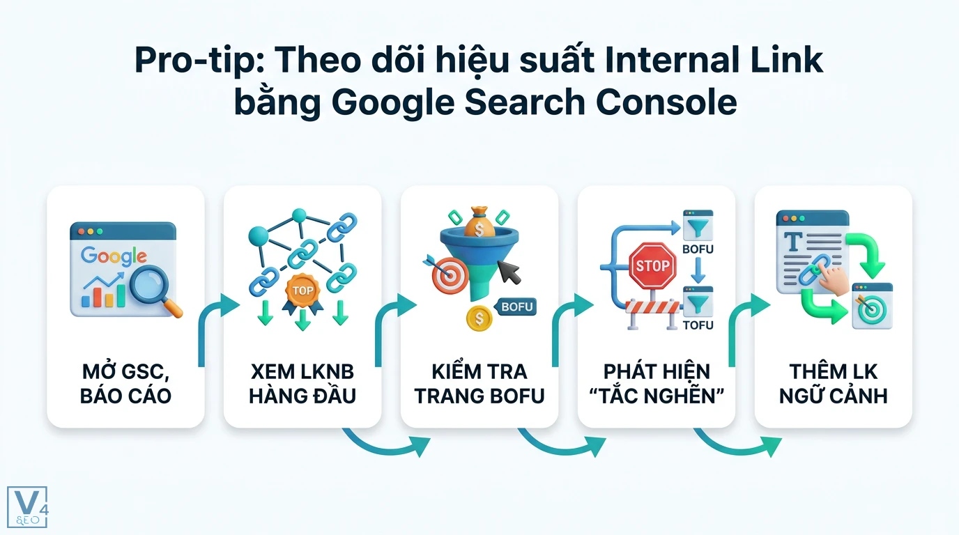 Cách xây Topic Route dẫn từ TOFU tới BOFU qua internal link 3 Quy trình theo dõi internal link trên Google Search Console giúp kiểm tra trang BOFU và xử lý tắc nghẽn dòng chảy bằng các liên kết ngữ cảnh