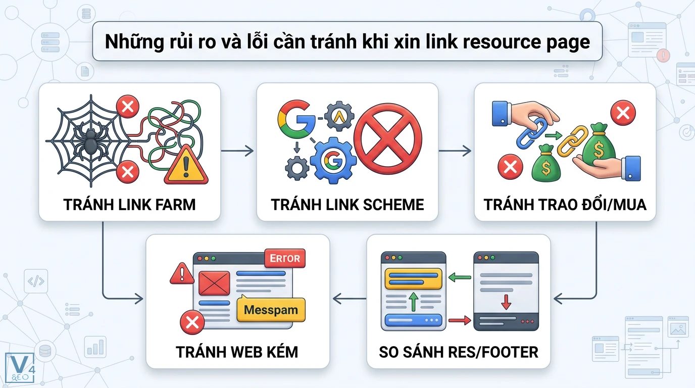 Xin link resource page là gì? Quy trình xây dựng backlink uy tín 3 Rủi ro và lỗi cần tránh khi xin link resource page gồm link farm, vi phạm link scheme, mua bán liên kết, web kém và nhầm lẫn link footer