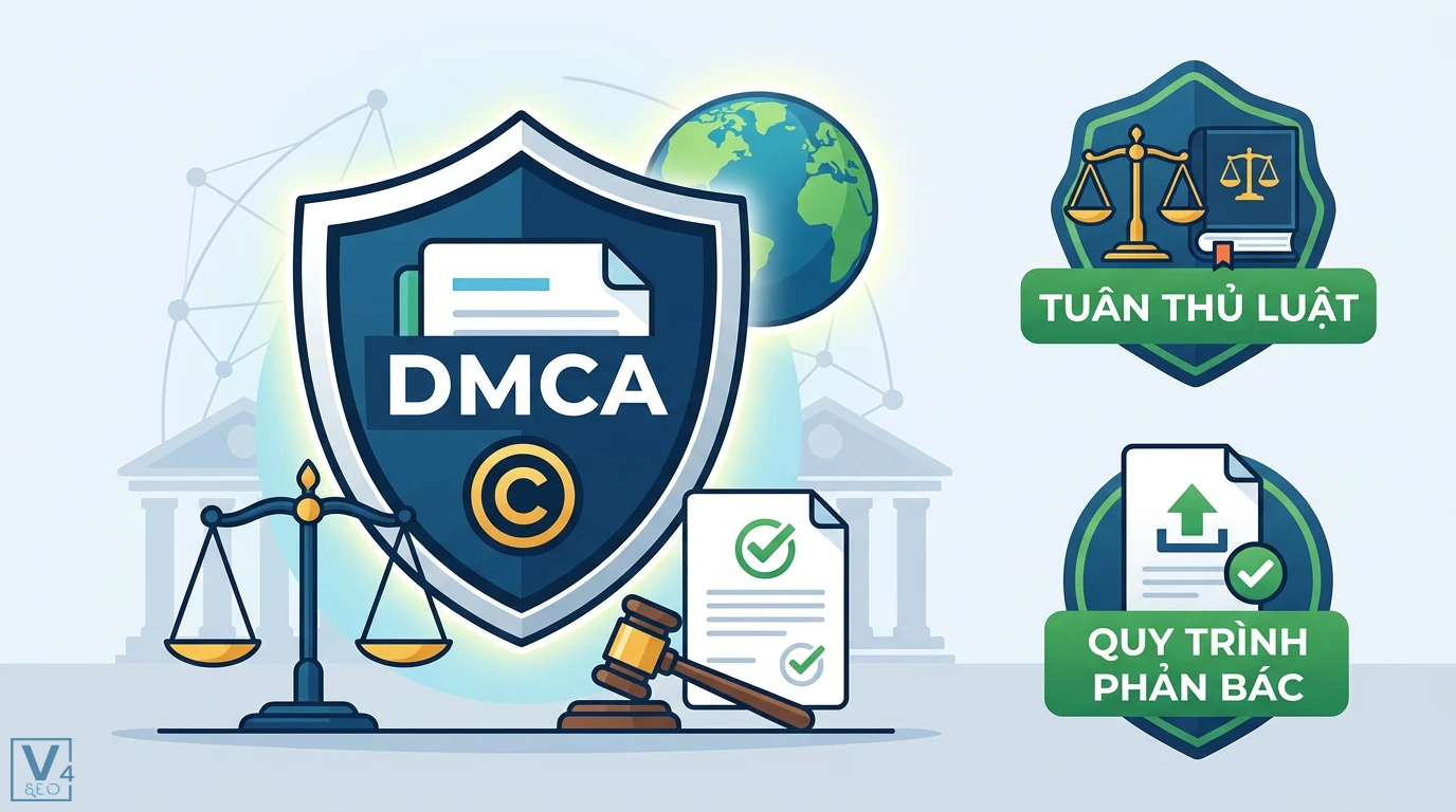 Xử lý báo cáo DMCA & giảm thiểu rủi ro pháp lý: Quy trình chuẩn 1 Quy trình DMCA bảo vệ bản quyền số, yêu cầu gỡ bỏ, tuân thủ Luật SHTT và kiểm soát nguồn gốc để phòng tránh rủi ro pháp lý kỷ nguyên số