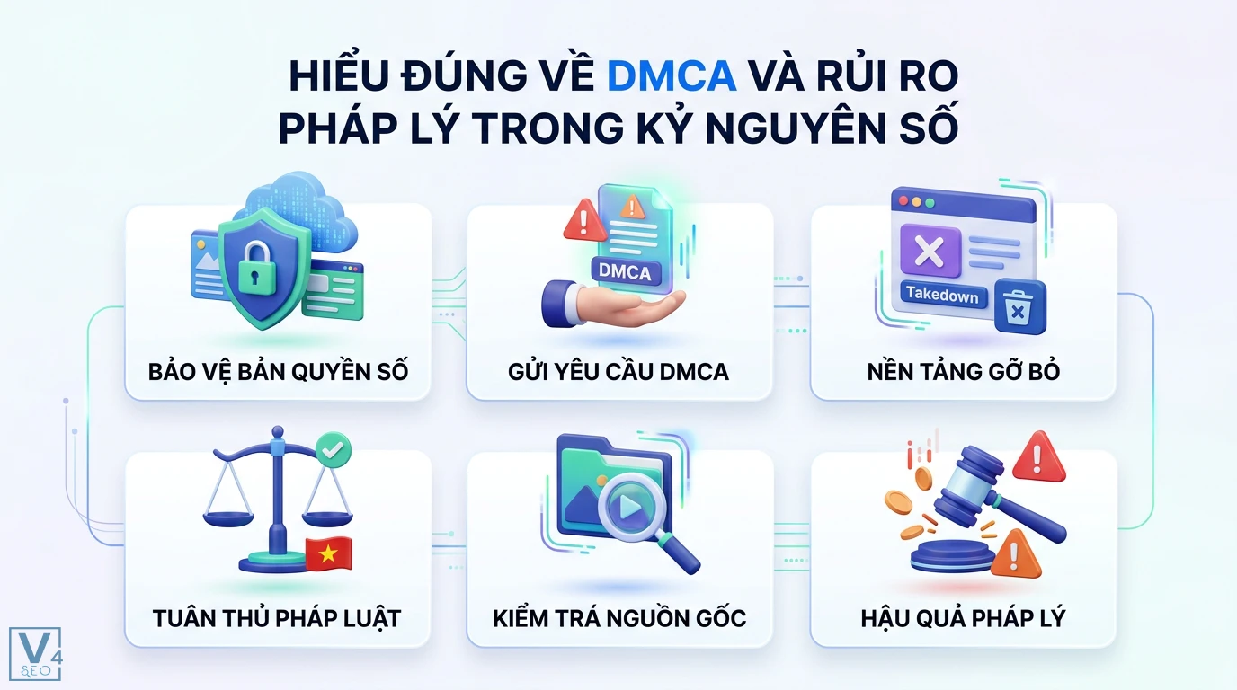 Xử lý báo cáo DMCA & giảm thiểu rủi ro pháp lý: Quy trình chuẩn 5 Sai lầm khi xử lý tranh chấp bản quyền bao gồm phớt lờ cảnh báo, im lặng thừa nhận, gửi thông báo phản đối giả và cung cấp bằng chứng pháp lý