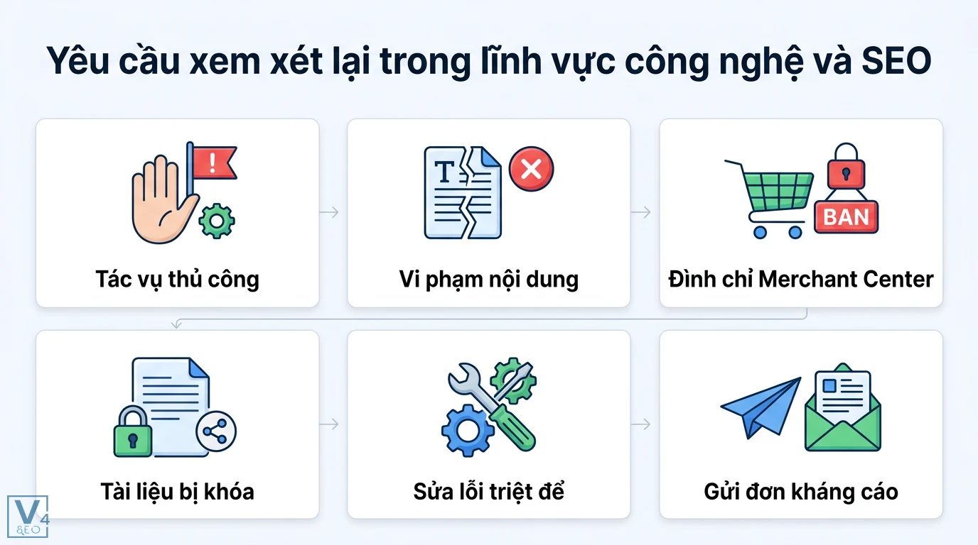 Yêu cầu xem xét lại là gì? Giải mã ý nghĩa trong SEO và chính trị 1 Yêu cầu xem xét lại Google khi bị tác vụ thủ công, vi phạm nội dung, đình chỉ Merchant Center và quy trình sửa lỗi để gửi kháng cáo