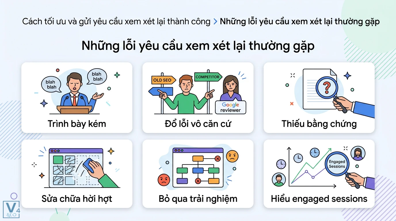 Yêu cầu xem xét lại là gì? Giải mã ý nghĩa trong SEO và chính trị 2 Các lỗi yêu cầu xem xét lại thường gặp như trình bày kém, đổ lỗi vô căn cứ, sửa chữa hời hợt và chưa tối ưu trải nghiệm hay engaged sessions