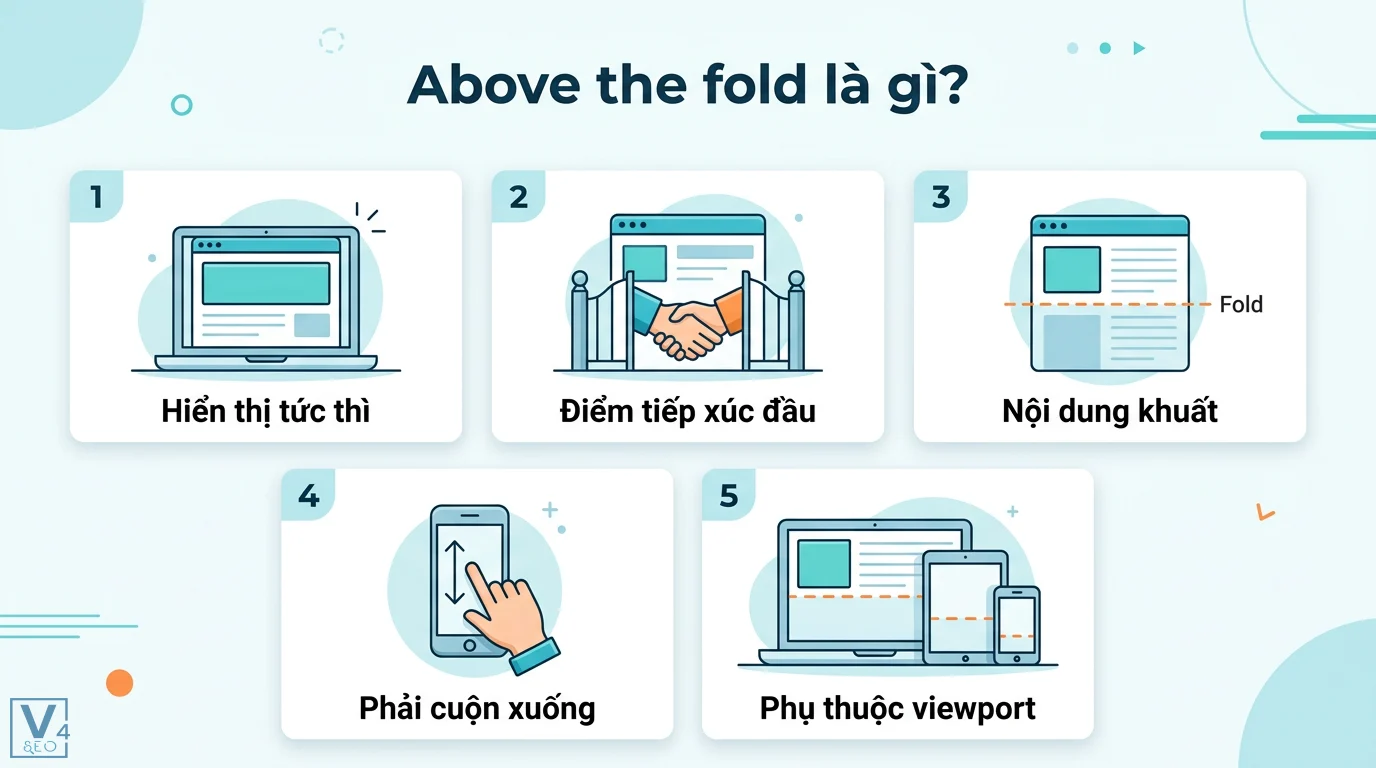 Above the fold là gì? Cách tối ưu ATF trên Mobile để tăng SEO 1 Above the fold hiển thị nội dung tức thì trên màn hình, đóng vai trò điểm tiếp xúc đầu và thay đổi ranh giới fold tùy theo viewport thiết bị