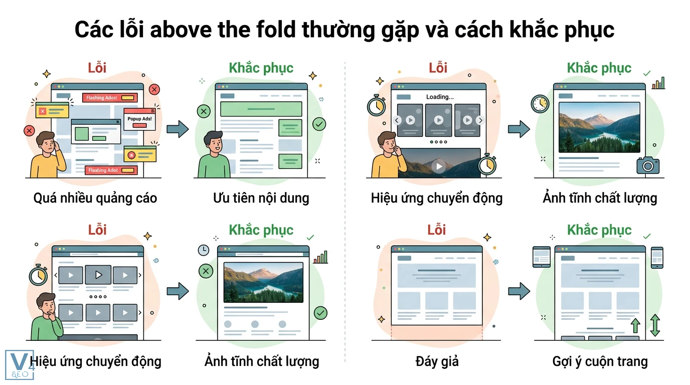 Above the fold là gì? Cách tối ưu ATF trên Mobile để tăng SEO 3 Khắc phục lỗi above the fold bằng cách ưu tiên nội dung, giảm quảng cáo, dùng ảnh tĩnh và loại bỏ đáy giả giúp kích thích cuộn trang