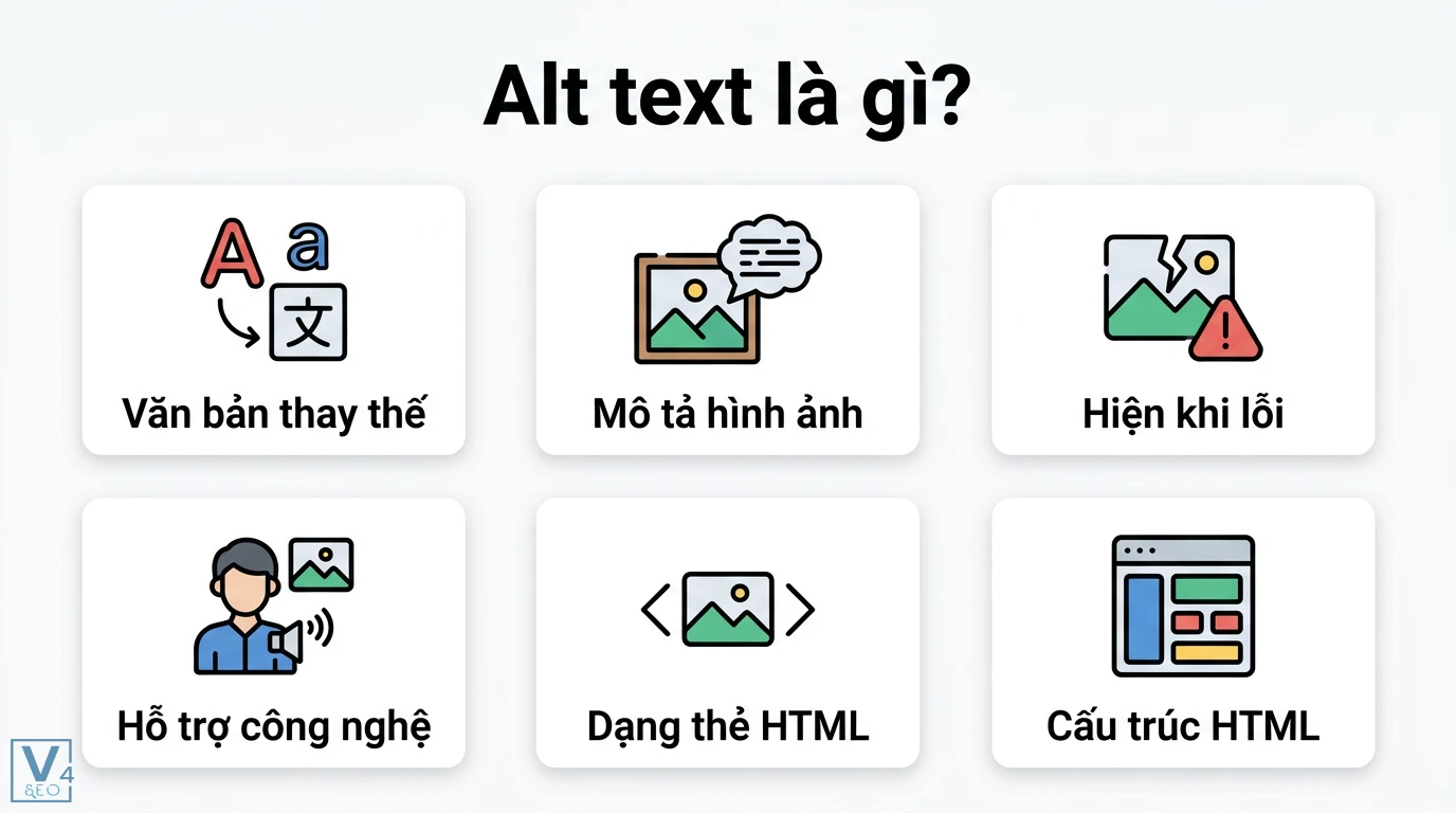 Alt text là gì? Cách viết thẻ Alt chuẩn SEO và Accessibility 1 Alt text là văn bản thay thế giúp mô tả nội dung, hiển thị khi lỗi tải, hỗ trợ công nghệ và tối ưu hóa cấu trúc thẻ HTML