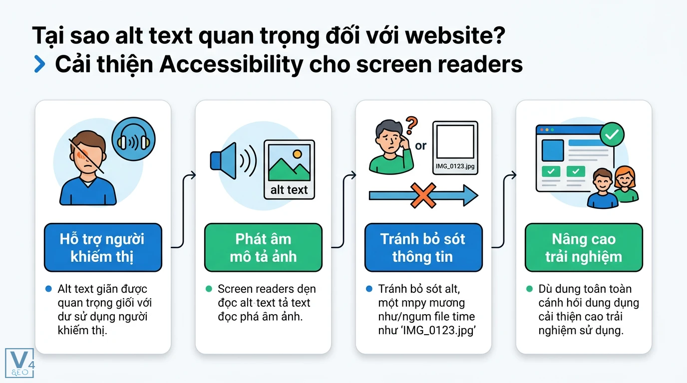 Alt text là gì? Cách viết thẻ Alt chuẩn SEO và Accessibility 2 Alt text giúp screen readers hỗ trợ người khiếm thị phát âm mô tả nội dung, tránh bỏ sót thông tin và nâng cao trải nghiệm website