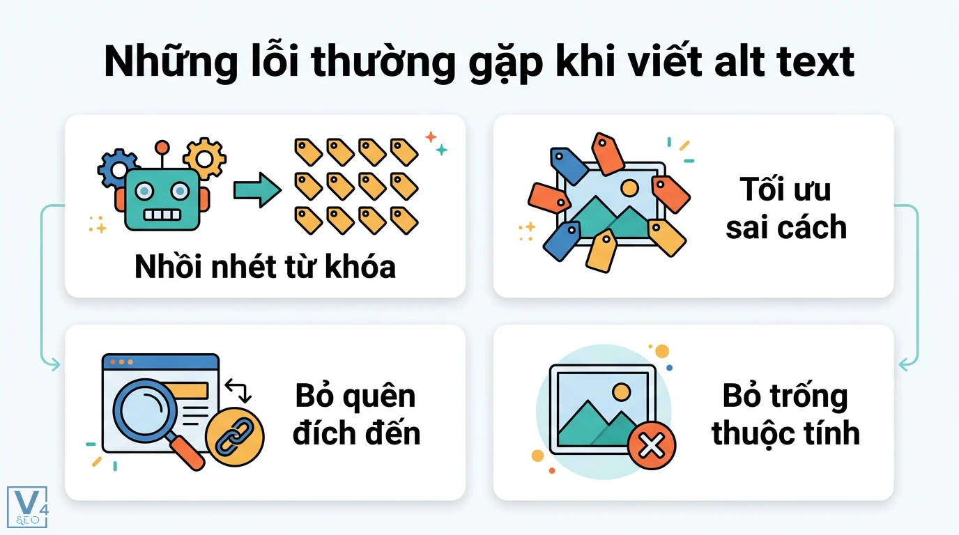 Alt text là gì? Cách viết thẻ Alt chuẩn SEO và Accessibility 3 Những lỗi thường gặp khi viết alt text gồm nhồi nhét từ khóa, tối ưu sai cách, bỏ quên đích đến liên kết và bỏ trống thuộc tính thẻ alt