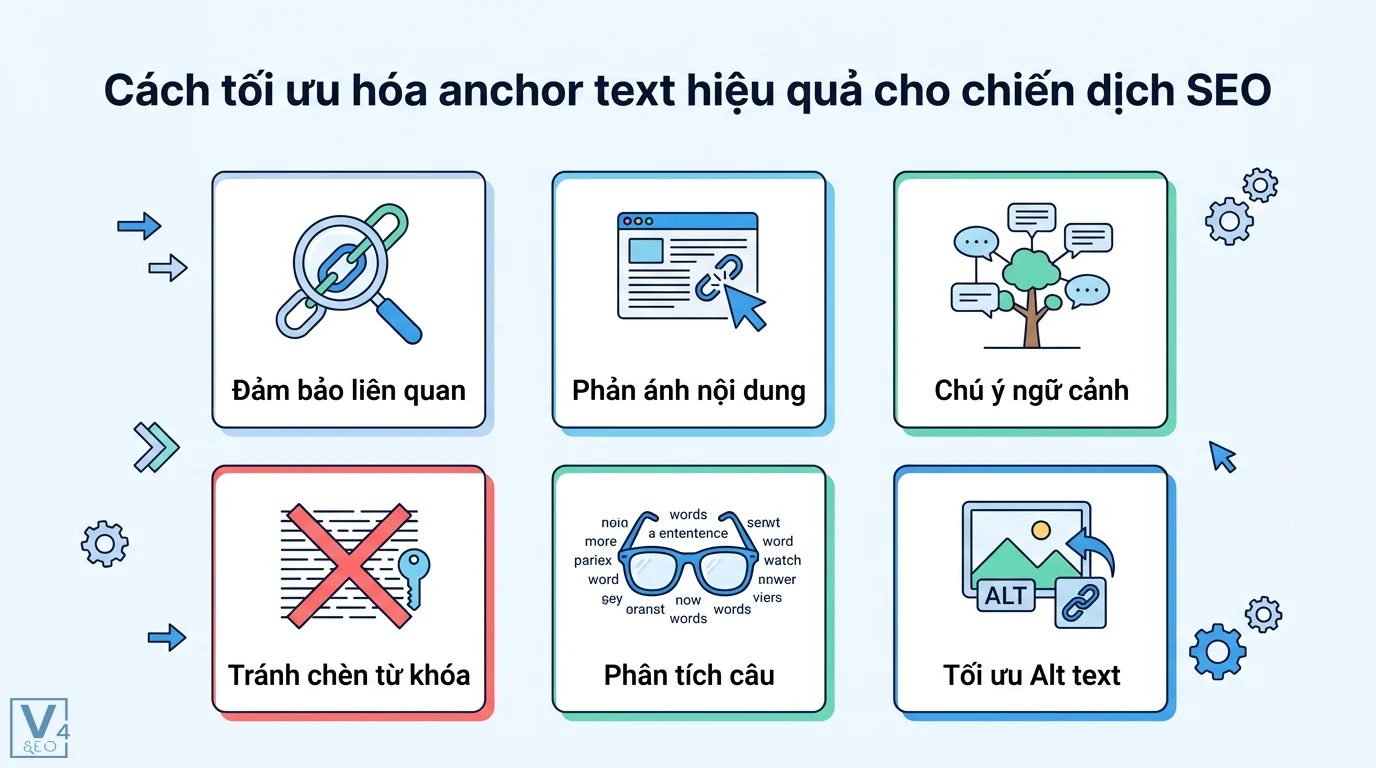 Anchor text là gì? Cách phân bổ tỷ lệ chuẩn tránh bị Google phạt 2 Tối ưu hóa anchor text hiệu quả cho SEO qua đảm bảo liên quan, phản ánh nội dung, chú ý ngữ cảnh, tránh chèn từ khóa và tối ưu Alt text