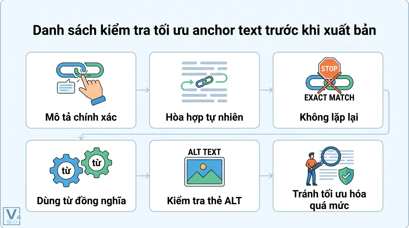 Anchor text là gì? Cách phân bổ tỷ lệ chuẩn tránh bị Google phạt 3 Danh sách kiểm tra tối ưu anchor text trước khi xuất bản mô tả chính xác, hòa hợp tự nhiên, kiểm tra thẻ ALT và tránh tối ưu hóa quá mức