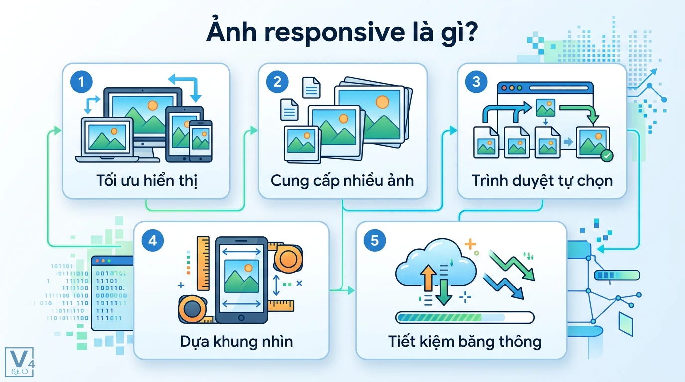 Ảnh responsive là gì? Cách tối ưu hình ảnh chuẩn SEO và hiệu suất 1 Cơ chế ảnh responsive tối ưu hiển thị bằng cách cung cấp nhiều tệp để trình duyệt tự chọn theo khung nhìn và tiết kiệm băng thông