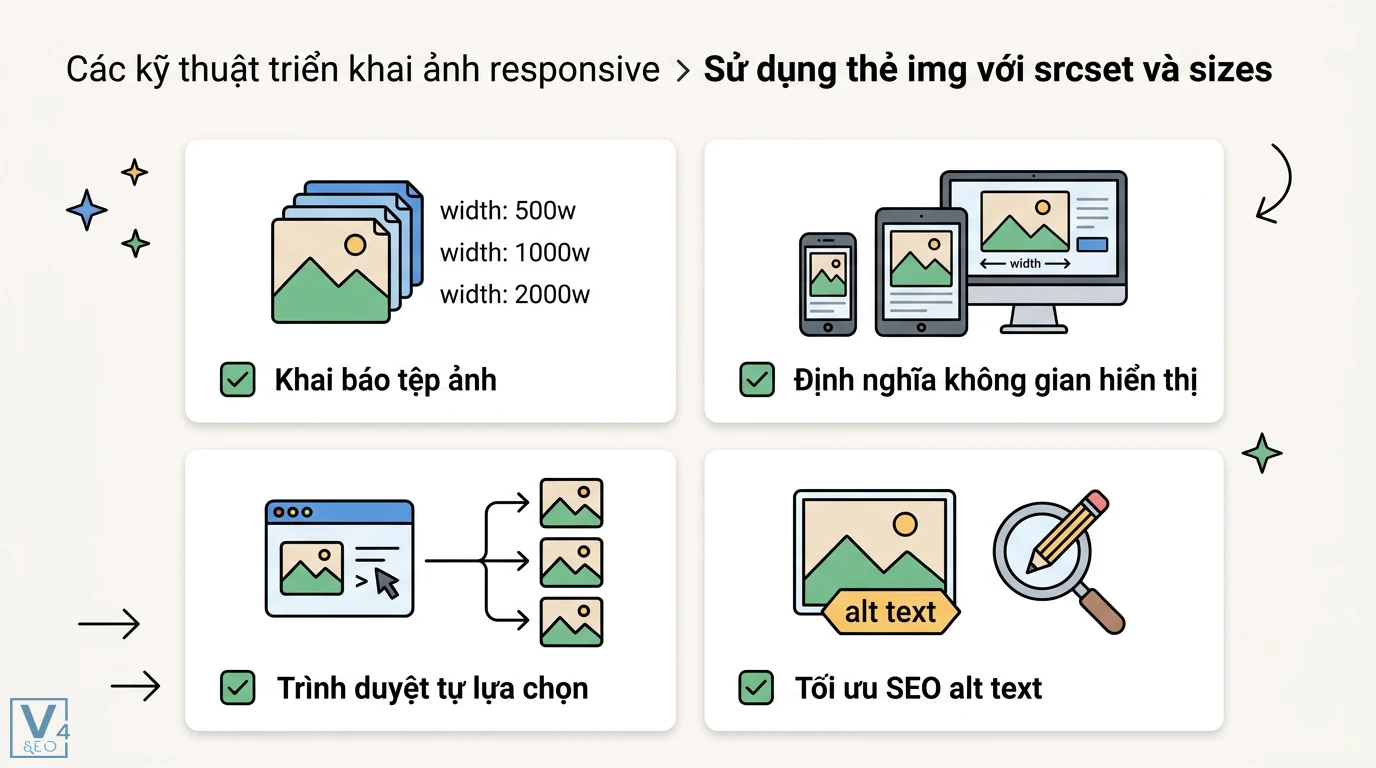Ảnh responsive là gì? Cách tối ưu hình ảnh chuẩn SEO và hiệu suất 2 Sử dụng srcset và sizes khai báo danh sách tệp, định nghĩa không gian hiển thị giúp trình duyệt tự lựa chọn và tối ưu SEO alt text