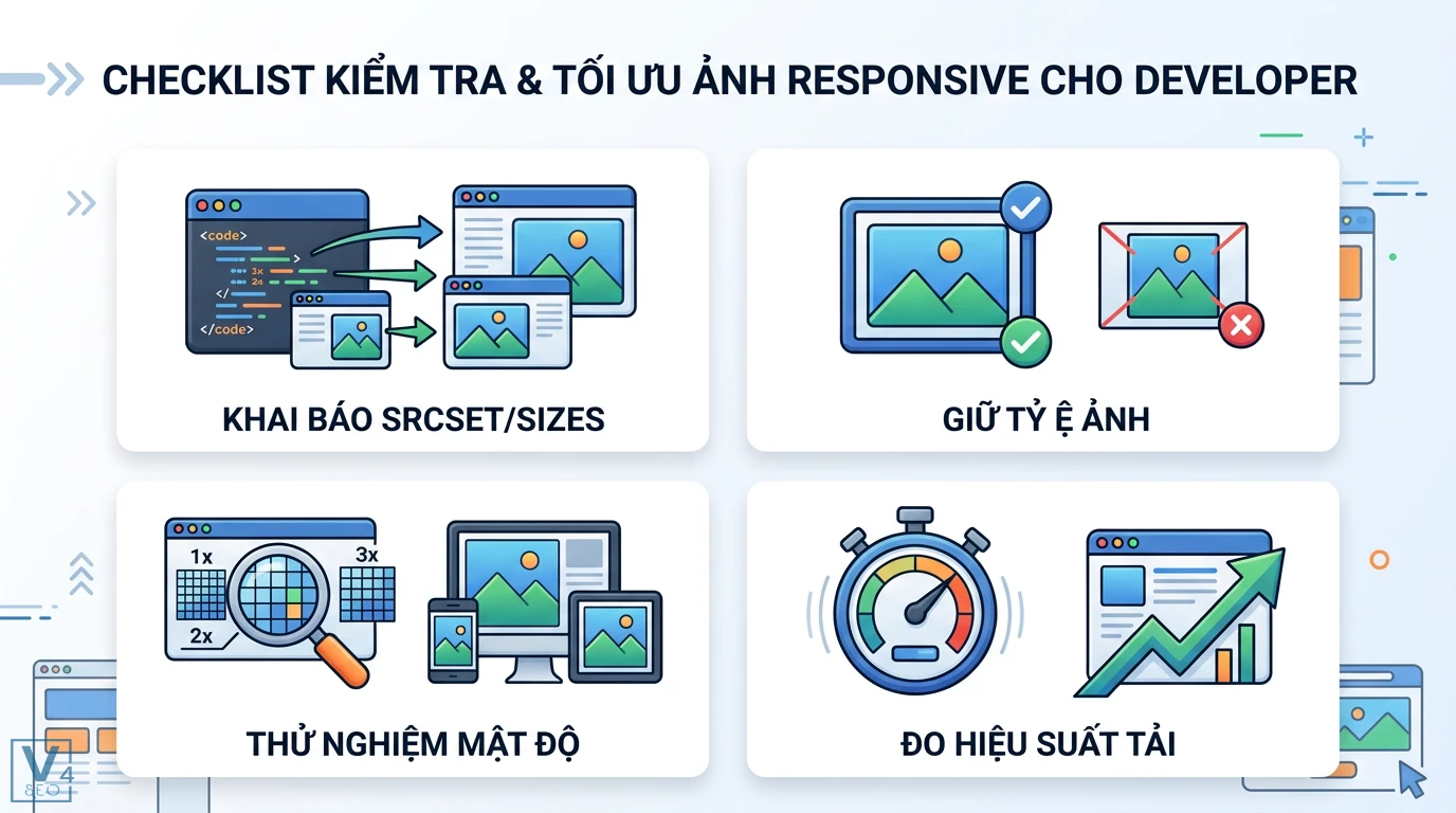 Ảnh responsive là gì? Cách tối ưu hình ảnh chuẩn SEO và hiệu suất 3 Tối ưu ảnh responsive cho developer gồm khai báo srcset và sizes, giữ tỷ lệ ảnh, thử nghiệm mật độ điểm ảnh và đo hiệu suất tải trang