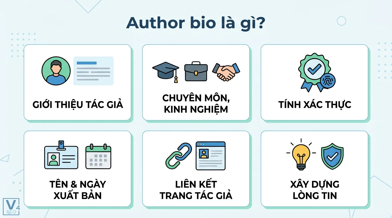 Author bio là gì? Cách tối ưu hồ sơ tác giả chuẩn SEO E-E-A-T 1 Author bio là gì gồm giới thiệu tác giả, chuyên môn, tính xác thực, tên, ngày xuất bản và liên kết trang tác giả giúp xây dựng lòng tin