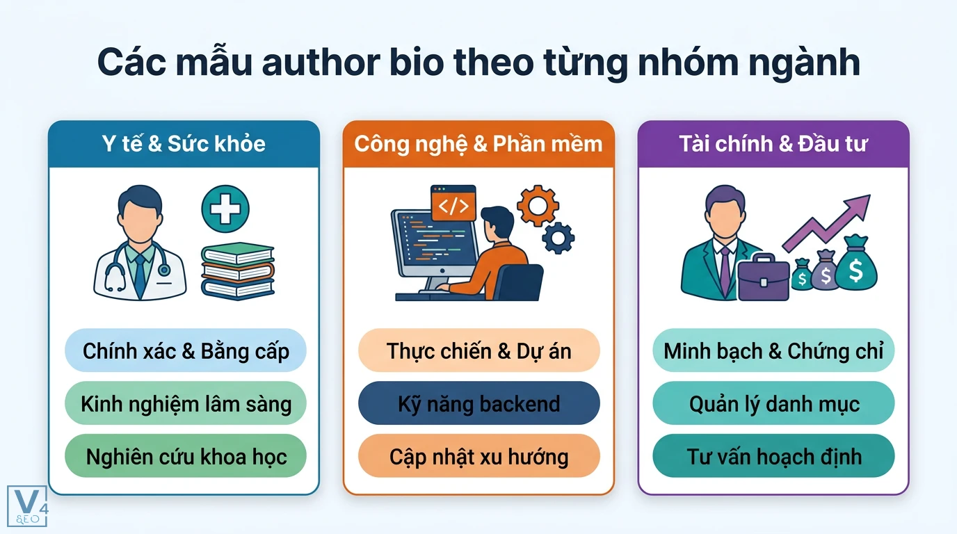 Author bio là gì? Cách tối ưu hồ sơ tác giả chuẩn SEO E-E-A-T 2 Các mẫu author bio theo nhóm ngành y tế, công nghệ và tài chính tập trung vào bằng cấp chuyên môn, kinh nghiệm thực chiến và chứng chỉ minh bạch