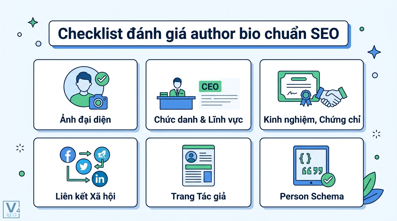 Author bio là gì? Cách tối ưu hồ sơ tác giả chuẩn SEO E-E-A-T 3 Checklist đánh giá author bio chuẩn SEO gồm ảnh đại diện, chức danh, kinh nghiệm, chứng chỉ, liên kết xã hội, trang tác giả và Person Schema