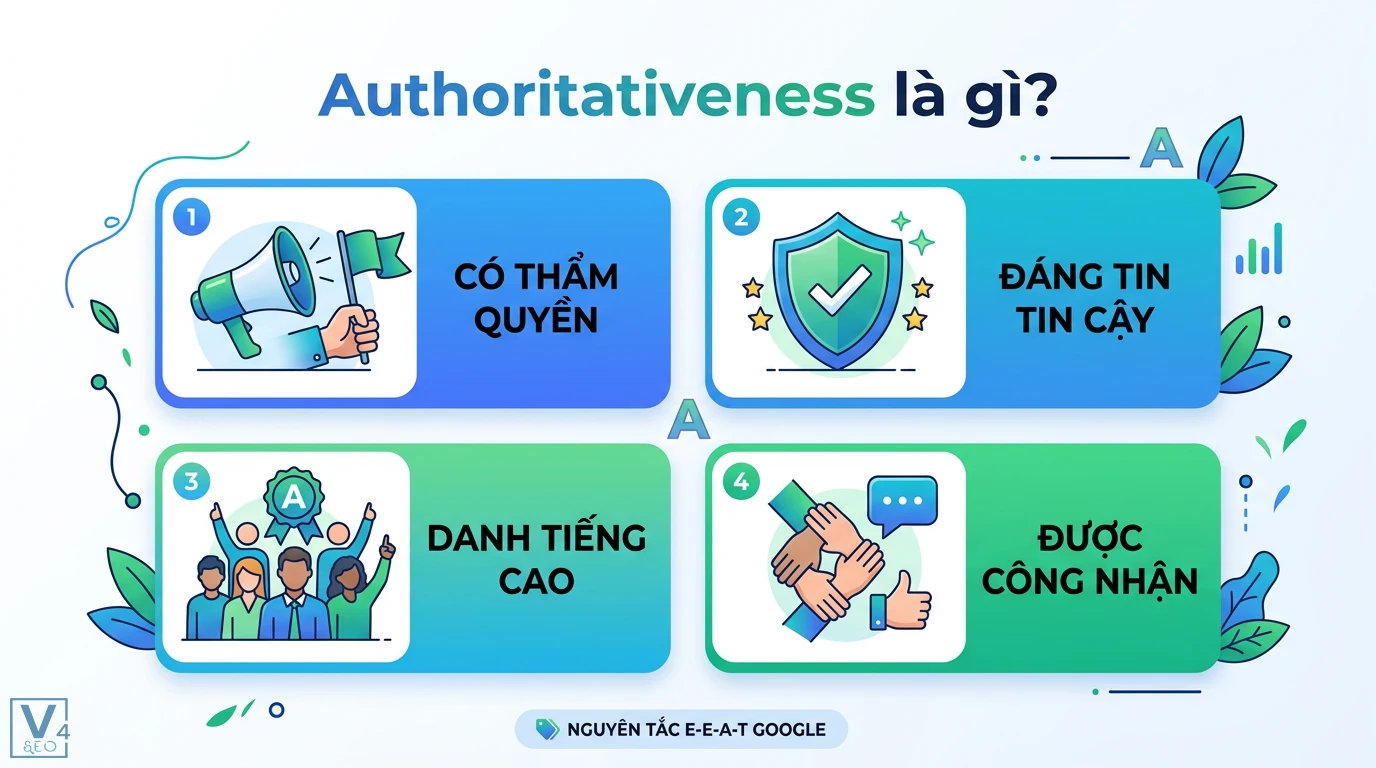 Authoritativeness là gì? Cách xây dựng thẩm quyền chuẩn E-E-A-T 1 Authoritativeness trong E-E-A-T Google thể hiện tính thẩm quyền, đáng tin cậy, danh tiếng cao và được cộng đồng cùng chuyên gia công nhận