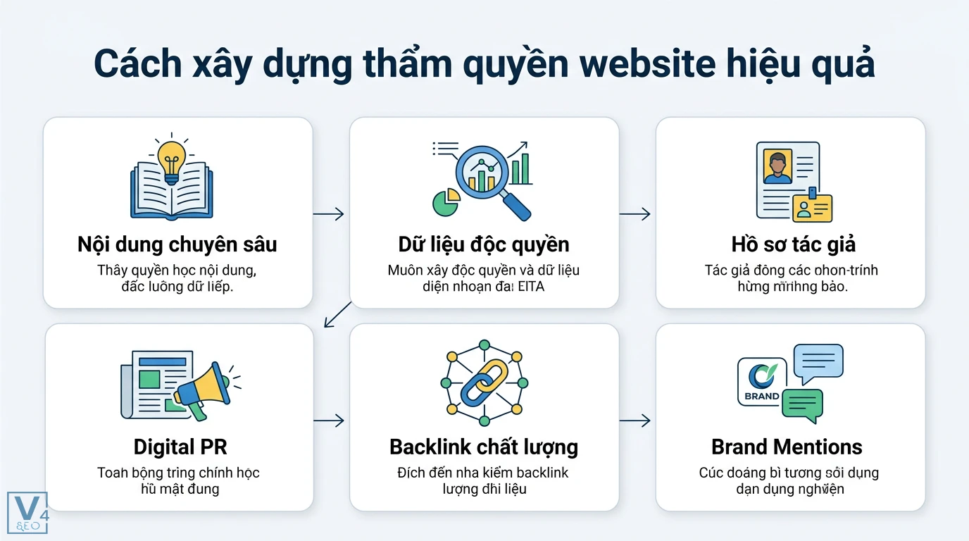 Authoritativeness là gì? Cách xây dựng thẩm quyền chuẩn E-E-A-T 2 Xây dựng thẩm quyền website từ nội dung chuyên sâu, dữ liệu độc quyền, hồ sơ tác giả, Digital PR, backlink chất lượng và brand mentions