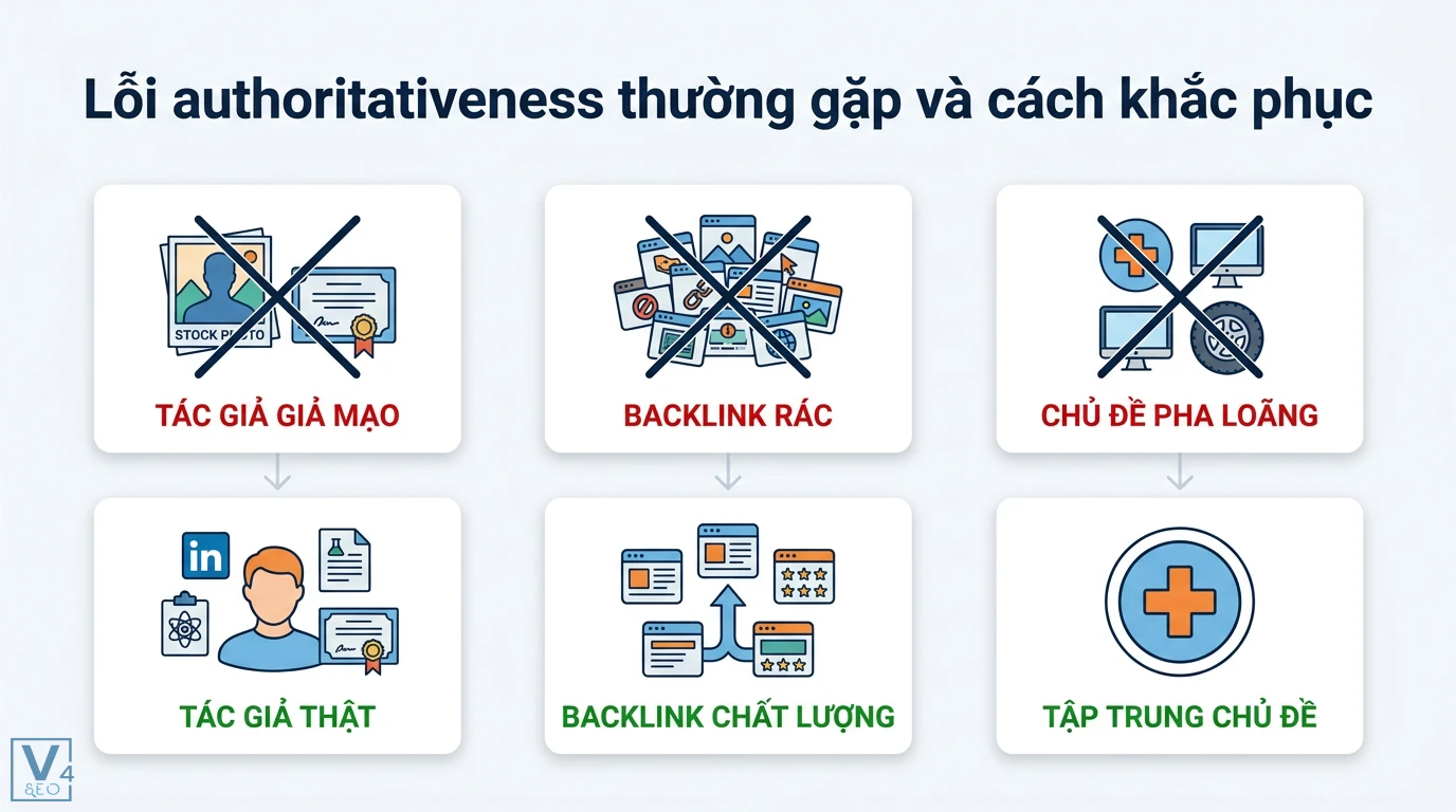 Authoritativeness là gì? Cách xây dựng thẩm quyền chuẩn E-E-A-T 3 Khắc phục lỗi authoritativeness bằng cách thay tác giả giả, backlink rác và chủ đề pha loãng bằng tác giả thật cùng các liên kết chất lượng