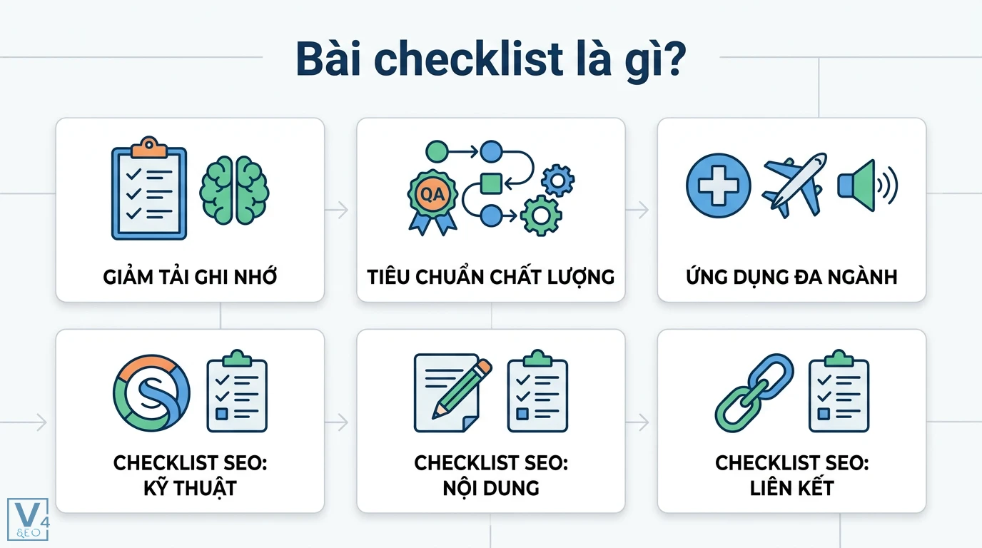 Bài checklist là gì? Cách lập quy trình và mẫu checklist chuẩn 1 Bài checklist hỗ trợ giảm tải ghi nhớ, đảm bảo tiêu chuẩn chất lượng và tối ưu SEO qua kiểm soát kỹ thuật, nội dung cùng hệ thống liên kết