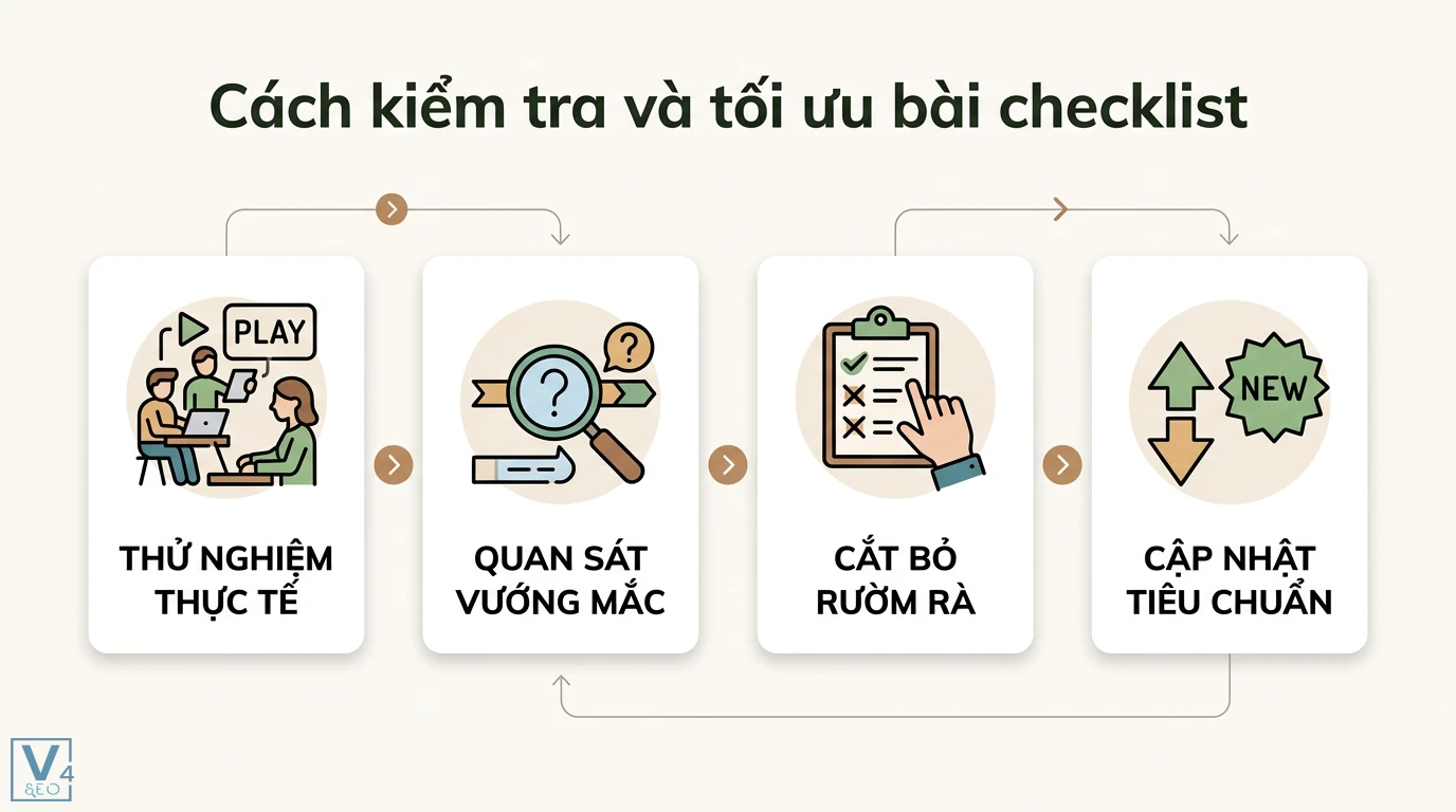 Bài checklist là gì? Cách lập quy trình và mẫu checklist chuẩn 2 Cách kiểm tra và tối ưu bài checklist qua thử nghiệm thực tế, quan sát vướng mắc, cắt bỏ chi tiết rườm rà và cập nhật tiêu chuẩn mới nhất