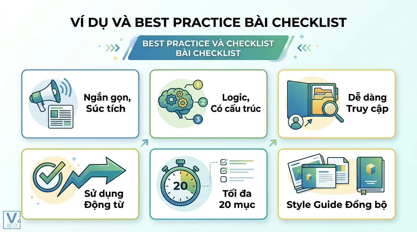 Bài checklist là gì? Cách lập quy trình và mẫu checklist chuẩn 3 Best practice bài checklist gồm tính ngắn gọn, logic, dễ truy cập, sử dụng động từ, tối đa 20 mục và áp dụng style guide đồng bộ