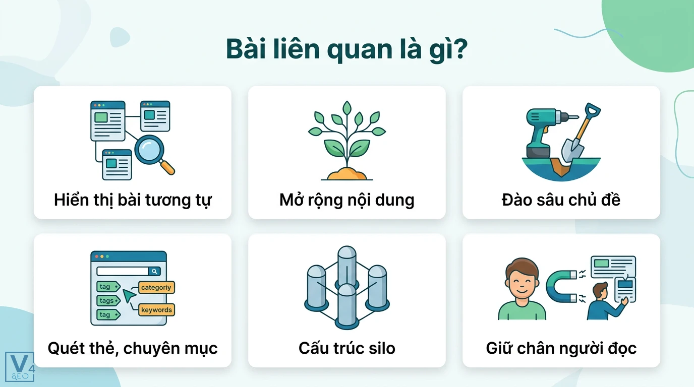 Bài liên quan là gì? Cách tối ưu để giảm tỷ lệ thoát và tăng SEO 1 Bài liên quan hiển thị nội dung tương tự giúp mở rộng, đào sâu chủ đề dựa trên quét thẻ, chuyên mục, cấu trúc silo để giữ chân người đọc