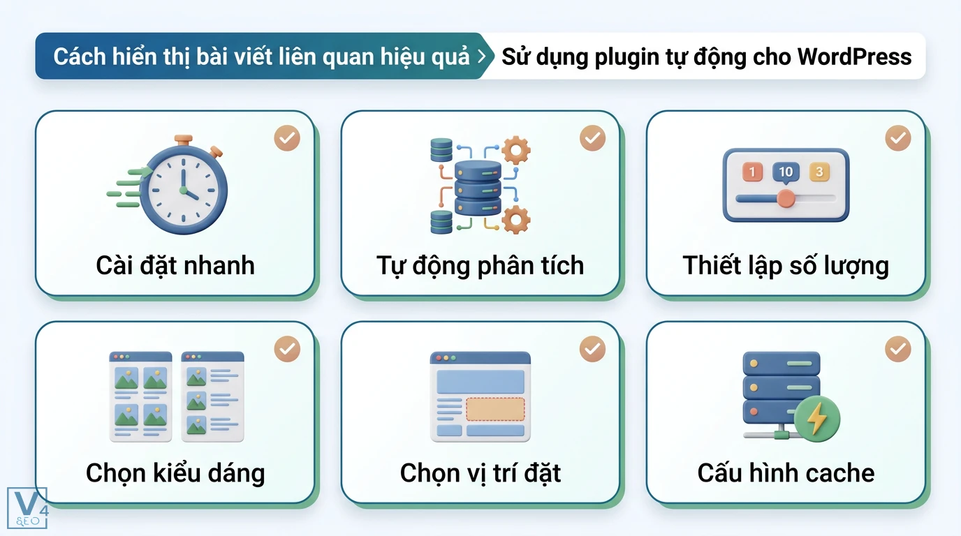 Bài liên quan là gì? Cách tối ưu để giảm tỷ lệ thoát và tăng SEO 2 Plugin WordPress tự động hiển thị bài viết liên quan hiệu quả qua cài đặt nhanh, số lượng, kiểu dáng, vị trí và cấu hình cache tối ưu
