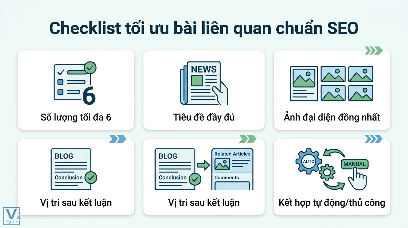 Bài liên quan là gì? Cách tối ưu để giảm tỷ lệ thoát và tăng SEO 3 Checklist tối ưu bài liên quan chuẩn SEO gồm số lượng, tiêu đề đầy đủ, thumbnail đồng nhất, vị trí sau kết luận và cách chèn liên kết